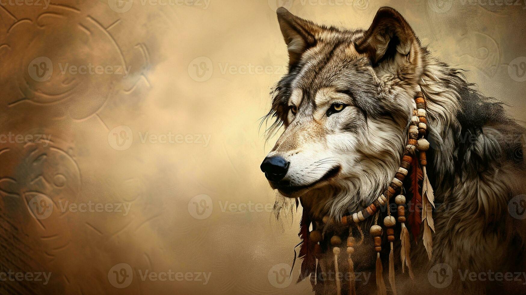 un artístico representación de un lobo como un venerado espíritu animal en nativo americano folklore, conjunto en contra un texturizado fondo, con espacio para texto, antecedentes imagen, ai generado foto