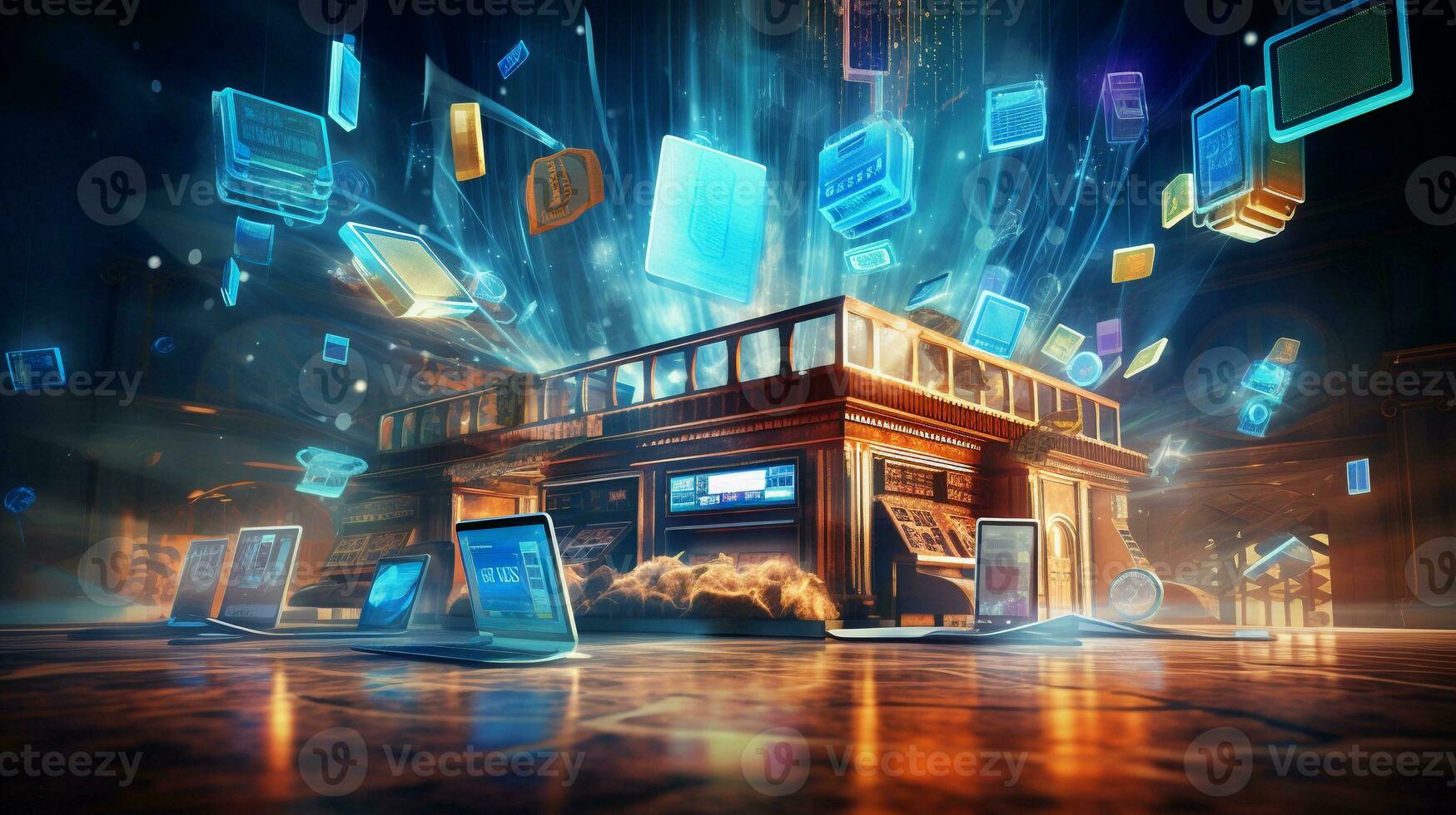 An artistic representation of digital transactions, with virtual money symbols and modern payment methods, allowing space for text, background image, AI generated photo