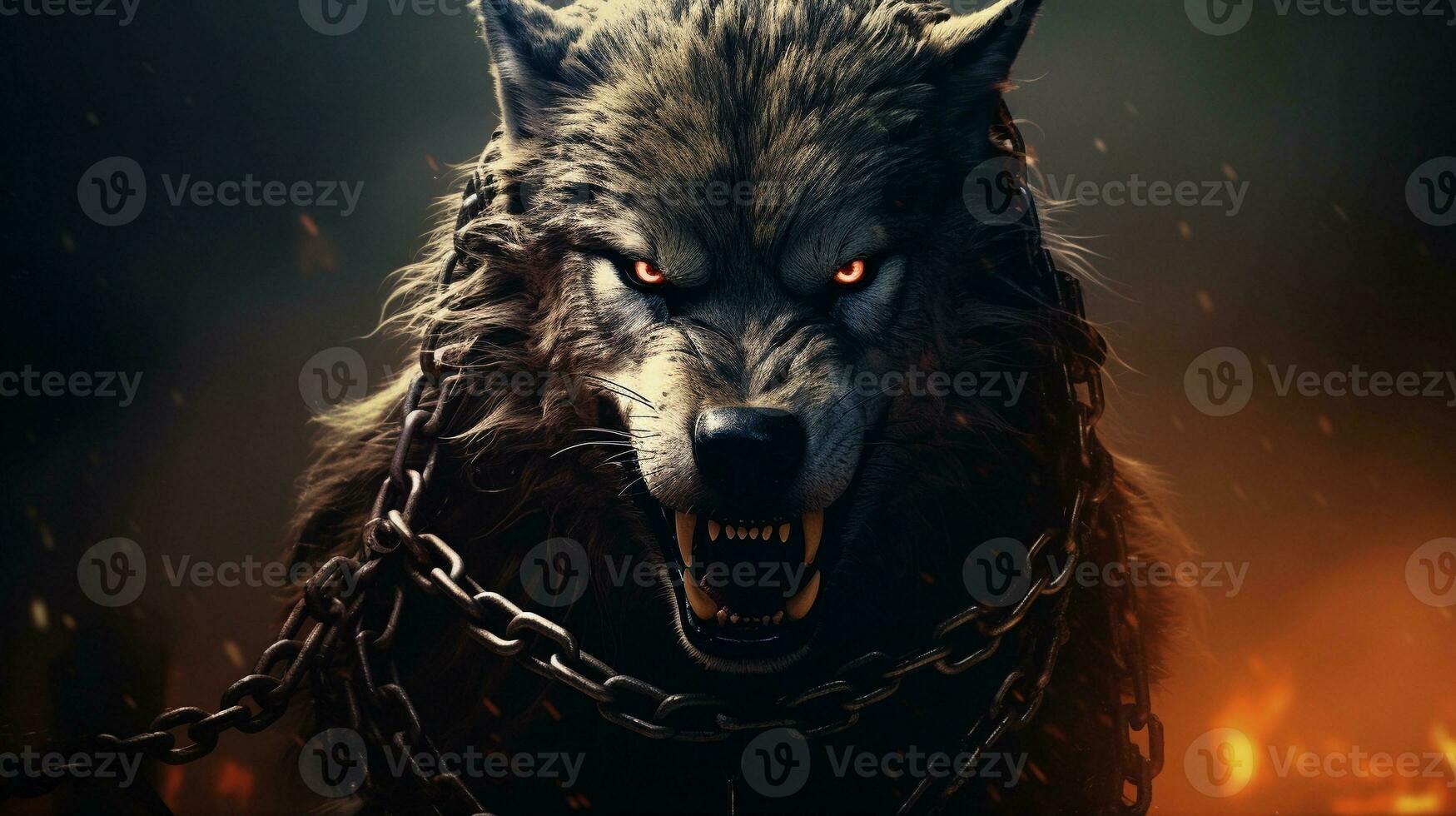 An image depicting Fenrir, the mythical wolf from Norse mythology, with menacing features and chains, background image, AI generated photo