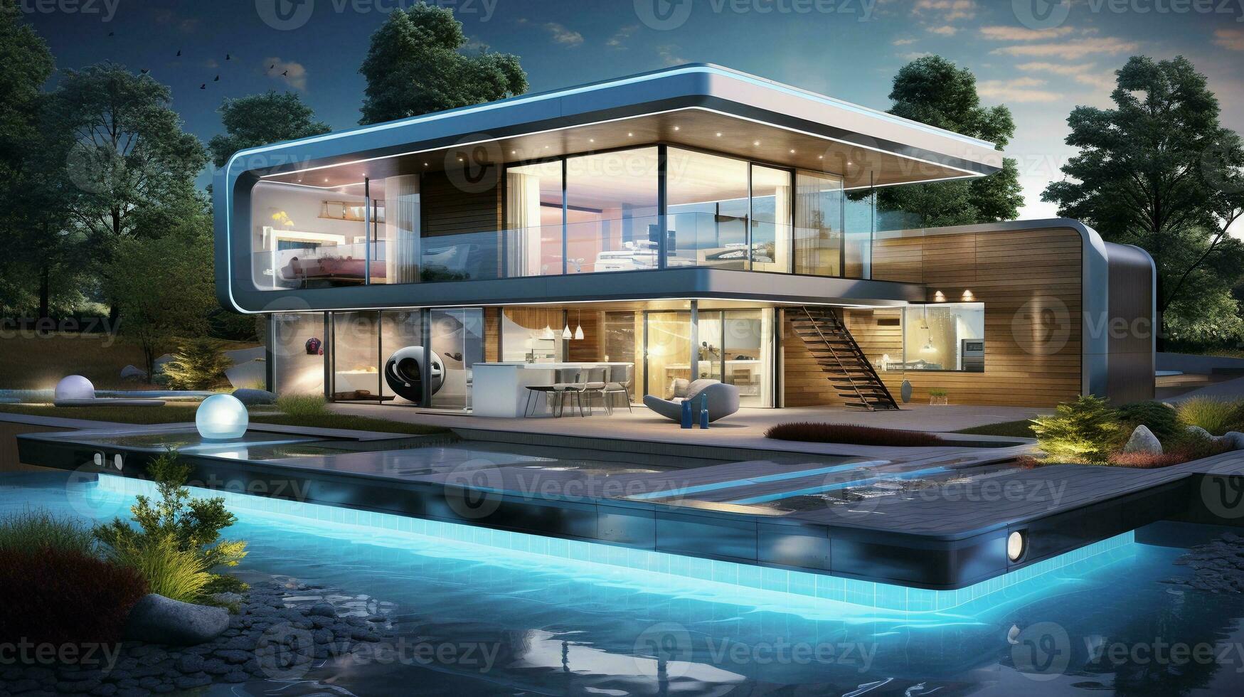An image featuring a high-tech modern house in an urban environment, with smart technology integrated into its design, allowing space for text, background image, AI generated photo
