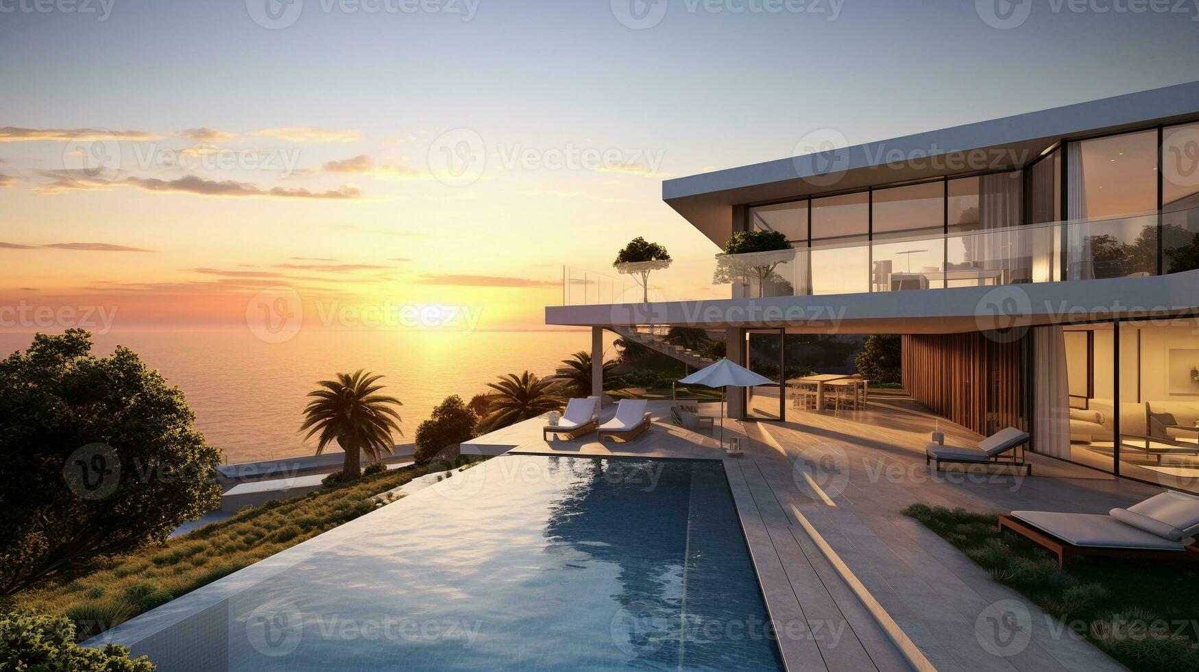 An image featuring a modern house nestled in a serene countryside setting, with ample space for text, background image, AI generated photo