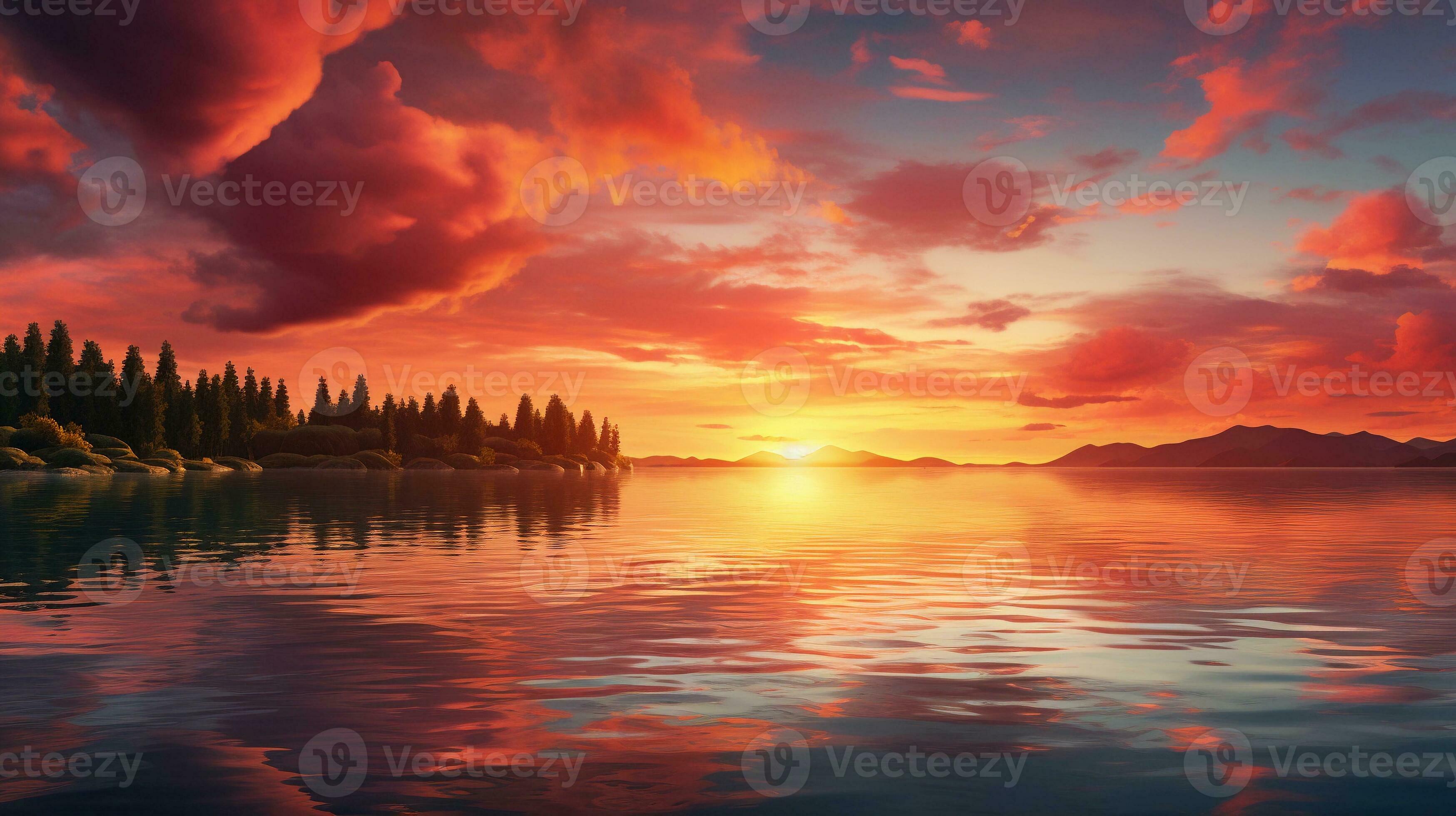 Generate a highresolution image of a serene sunset over a calm lake
