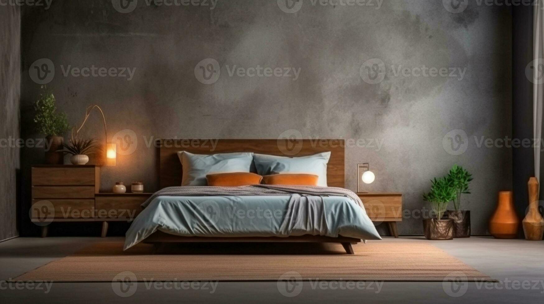 Bed room furniture display with space for text and textured background, background image, AI generated photo