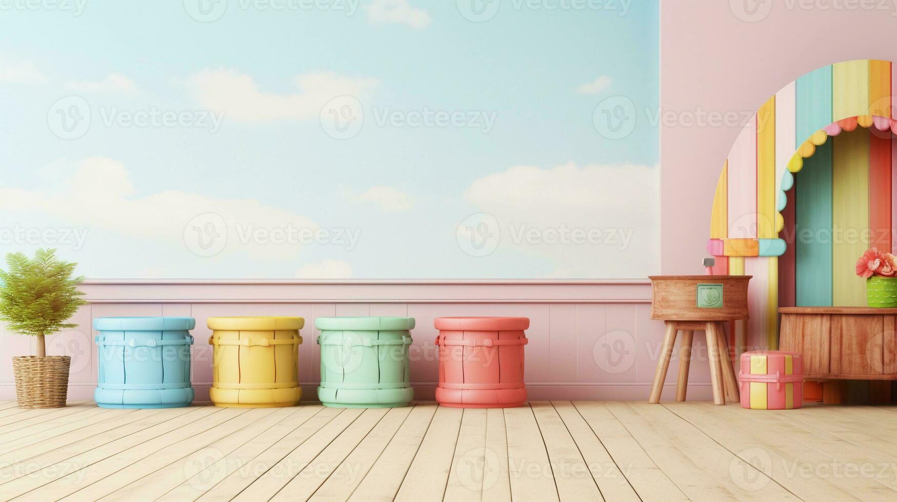 Kids playground furniture display with space for text and pastel background, background image, AI generated photo