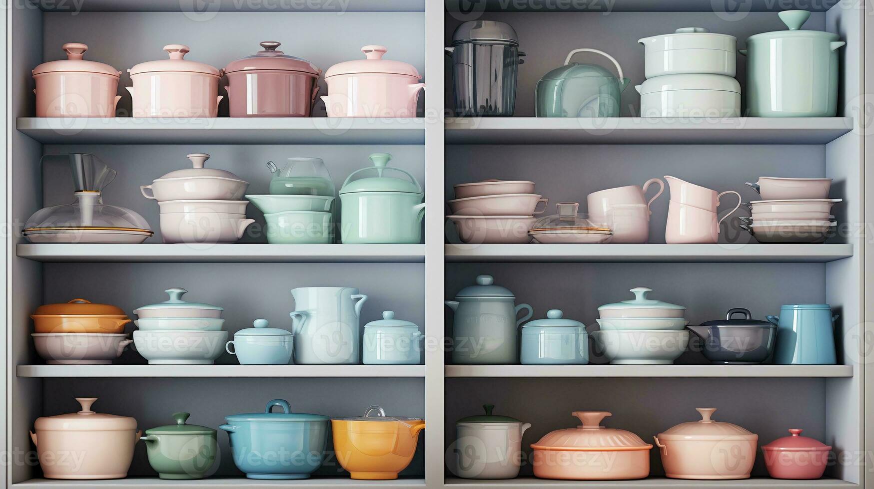 A scene illustrating a well-organized kitchen cabinet or pantry with neatly stacked pastel-colored cookware and storage containers, providing space for text, background image, AI generated photo