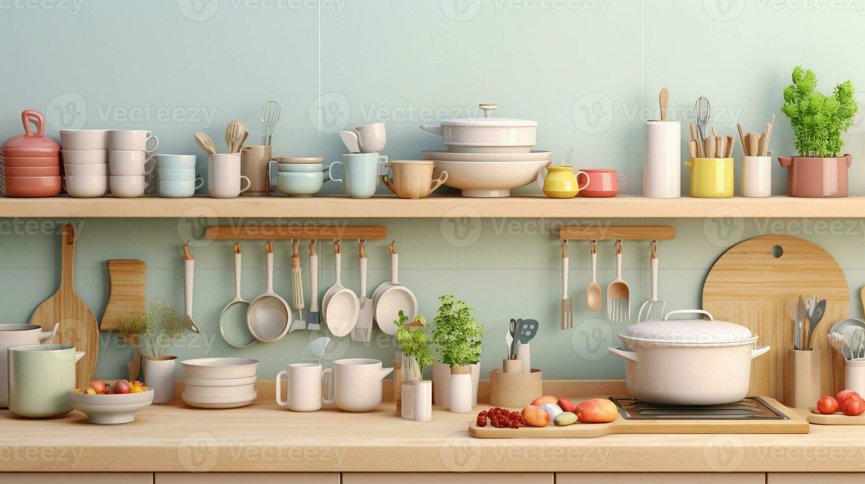 A visually appealing composition showcasing a neatly organized kitchen workspace with pastel-colored cookware and utensils, background image, AI generated photo