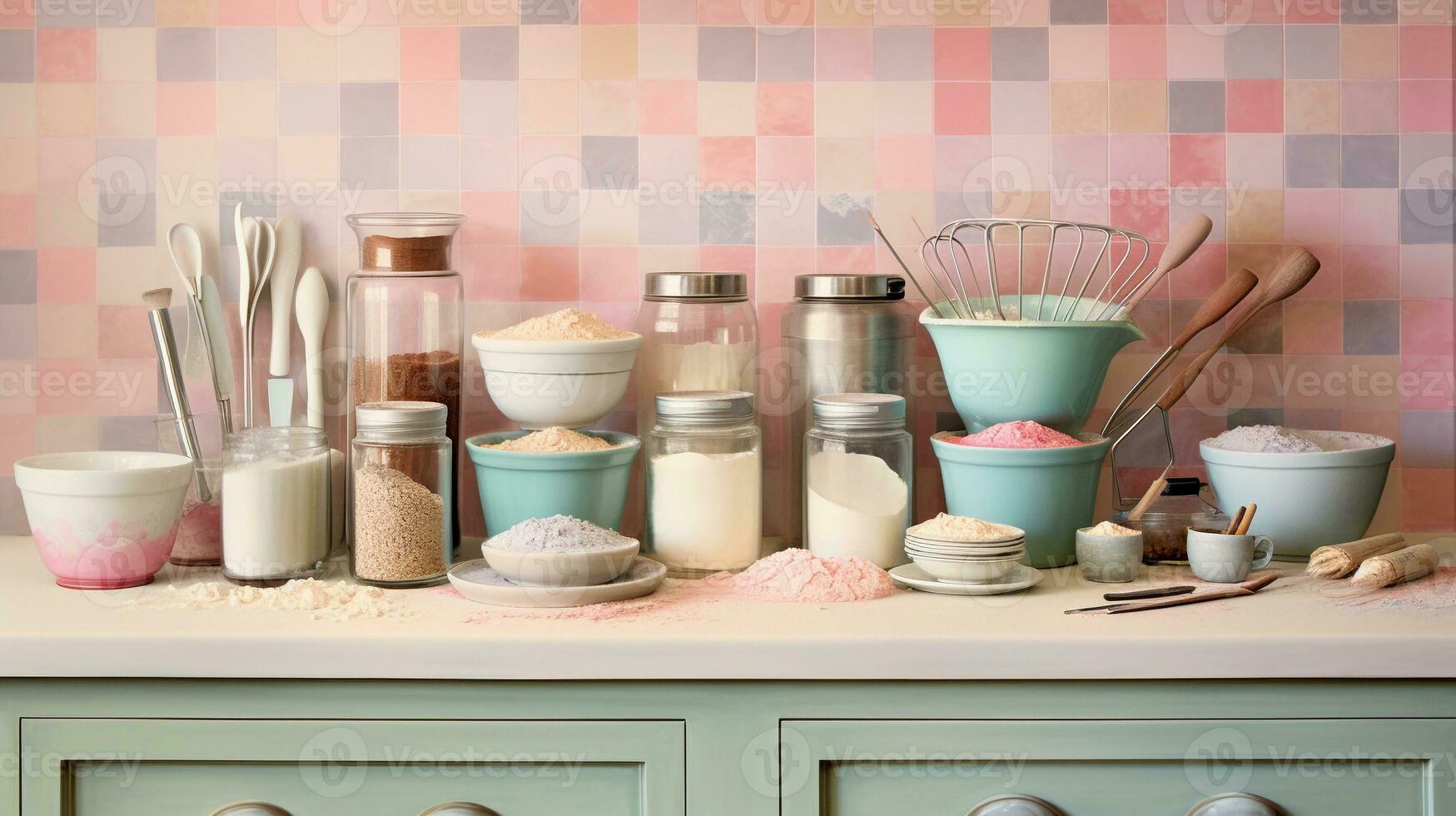 An artistic portrayal of a pastel-themed baking scene, featuring tools like mixing bowls, whisks, and measuring cups, with designated areas for text, background image, AI generated photo