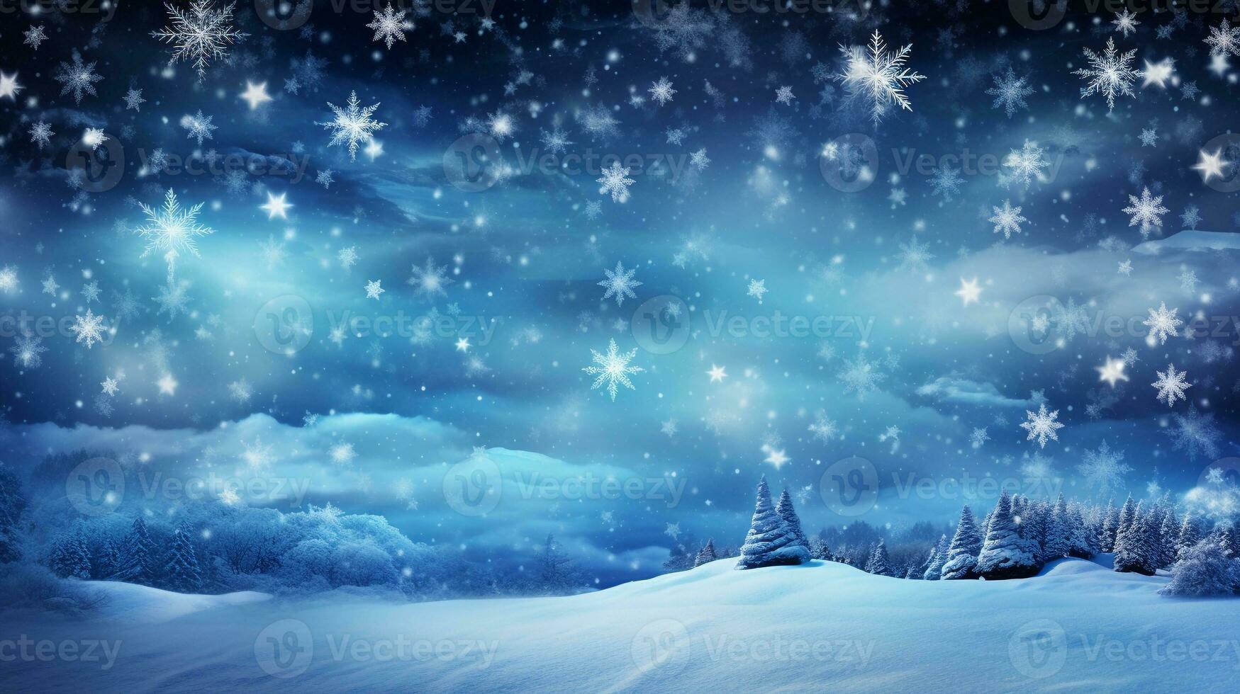 An artistic portrayal of a snowy landscape adorned with falling snowflakes, with designated areas for text, background image, AI generated photo
