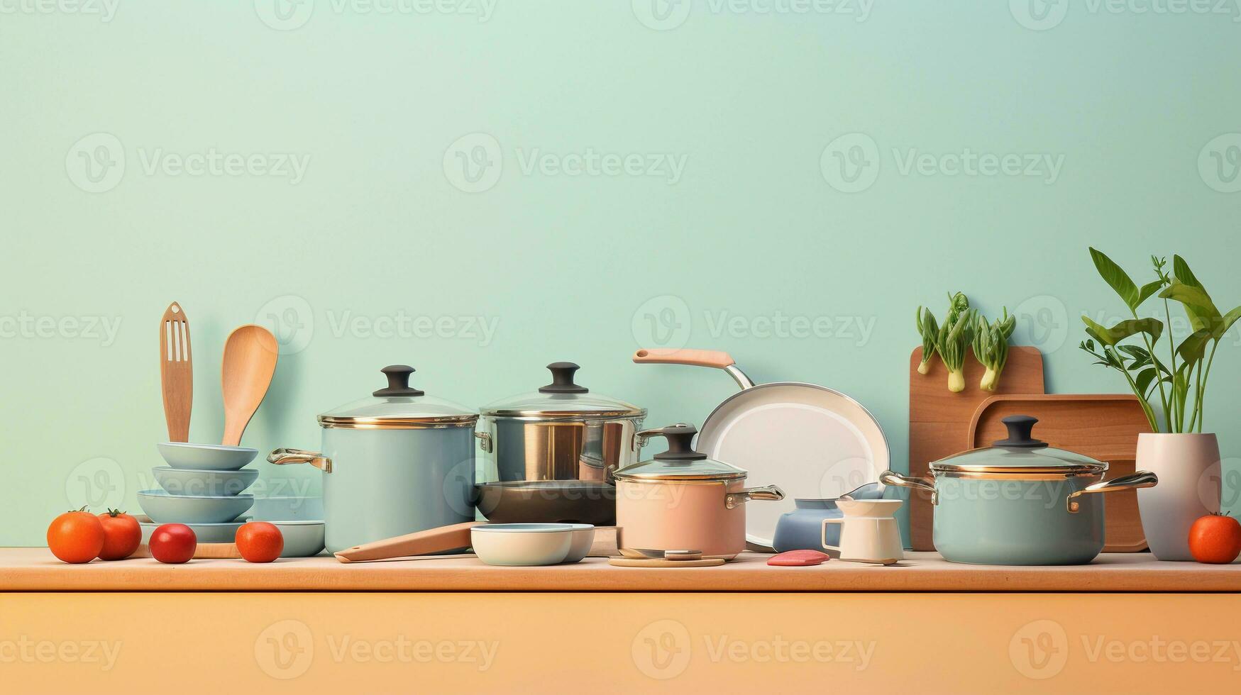 An image featuring a collection of essential cooking equipment such as pots, pans, and utensils, set against a soft pastel background. Leave space for text, background image, AI generated photo