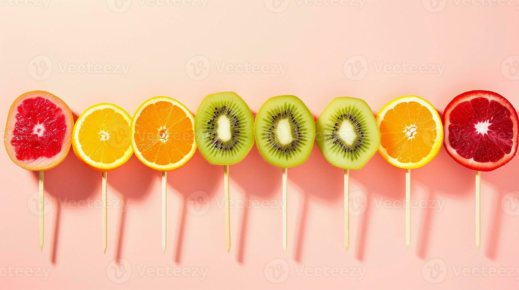An image featuring colorful fruit skewers with tropical fruits like kiwi, watermelon, and passion fruit, set against a pastel background. Allow space for text, background image, AI generated photo