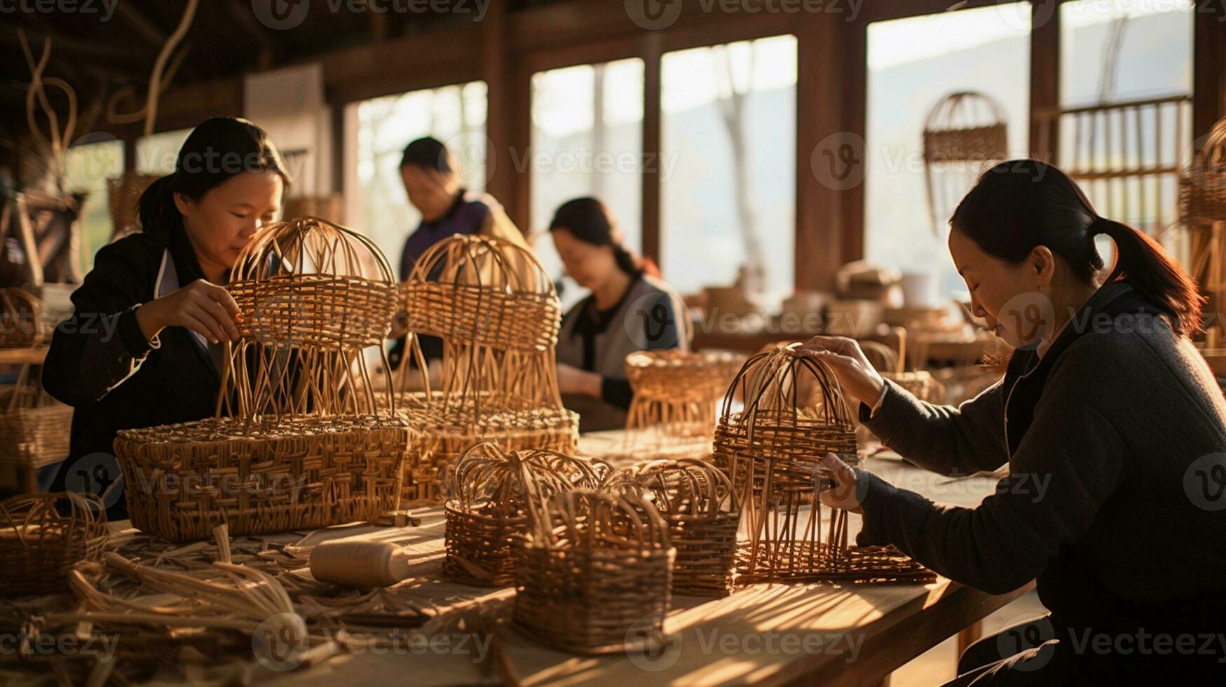 An image featuring a rattan weave crafts workshop, with individuals learning and creating rattan-based crafts, providing space for text, background image, AI generated photo