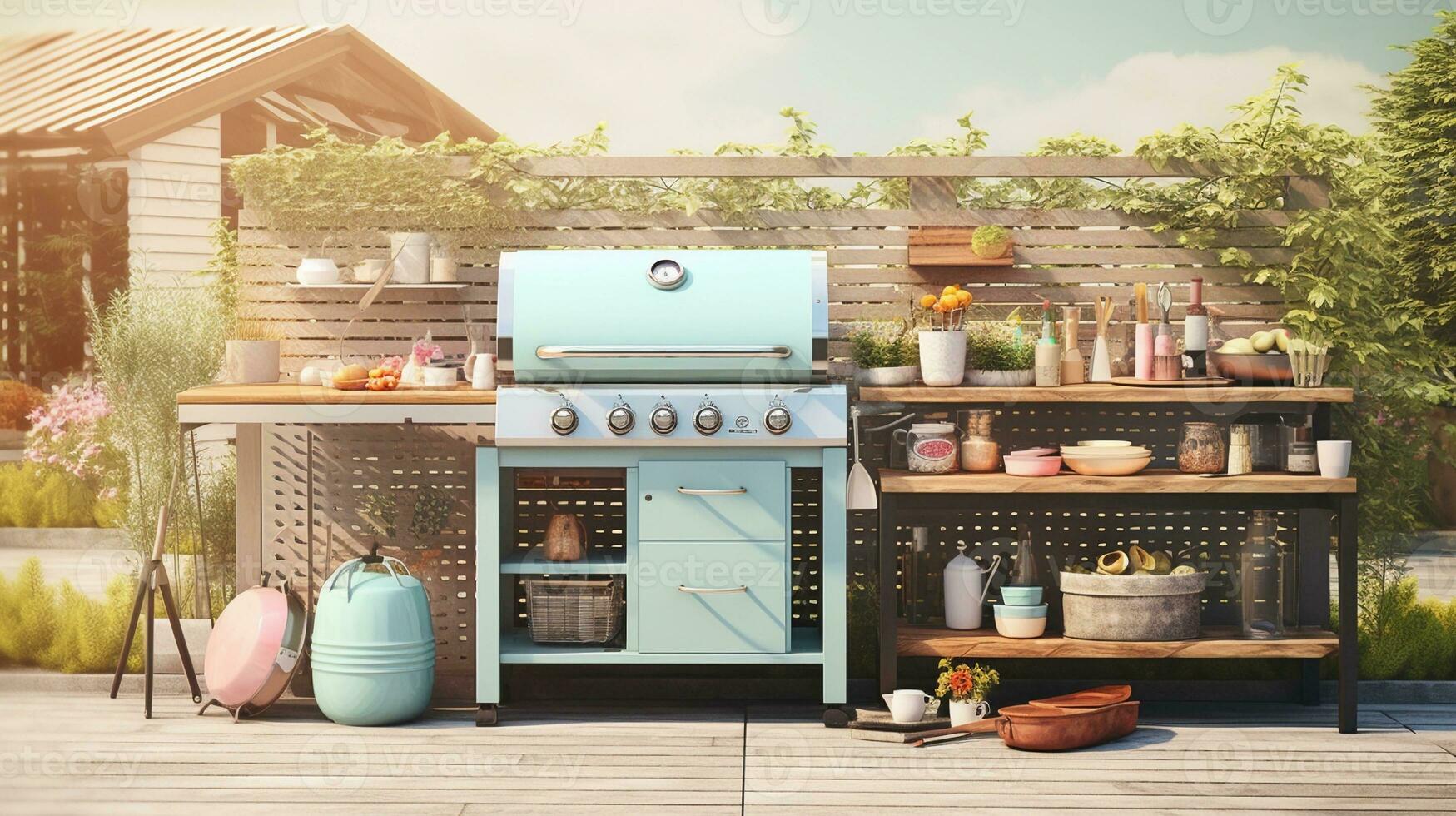 An image featuring outdoor cooking equipment such as a barbecue grill and utensils in a pastel outdoor setting. Allow space for text, background image, AI generated photo