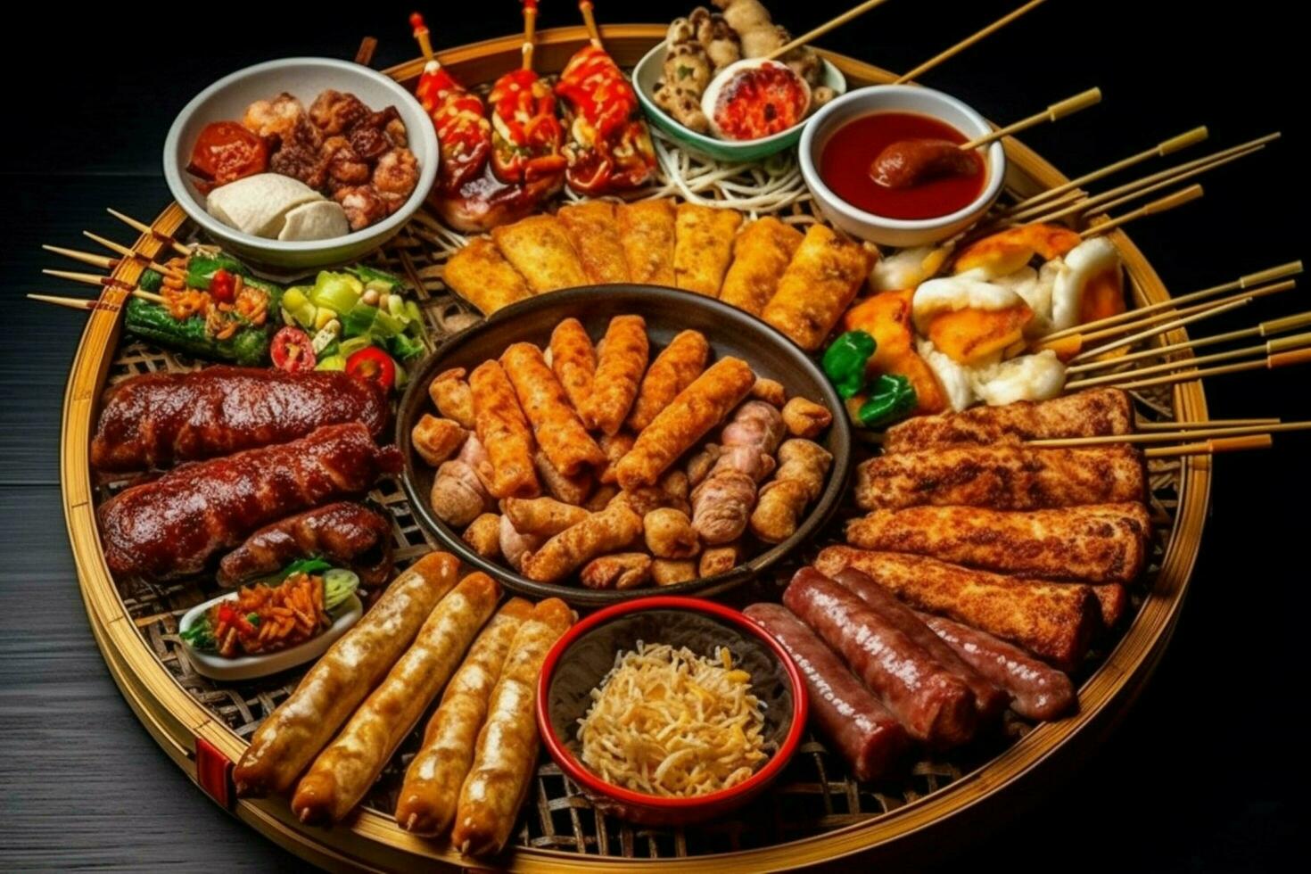 chinese food pu pu platter with metal barbeque in photo