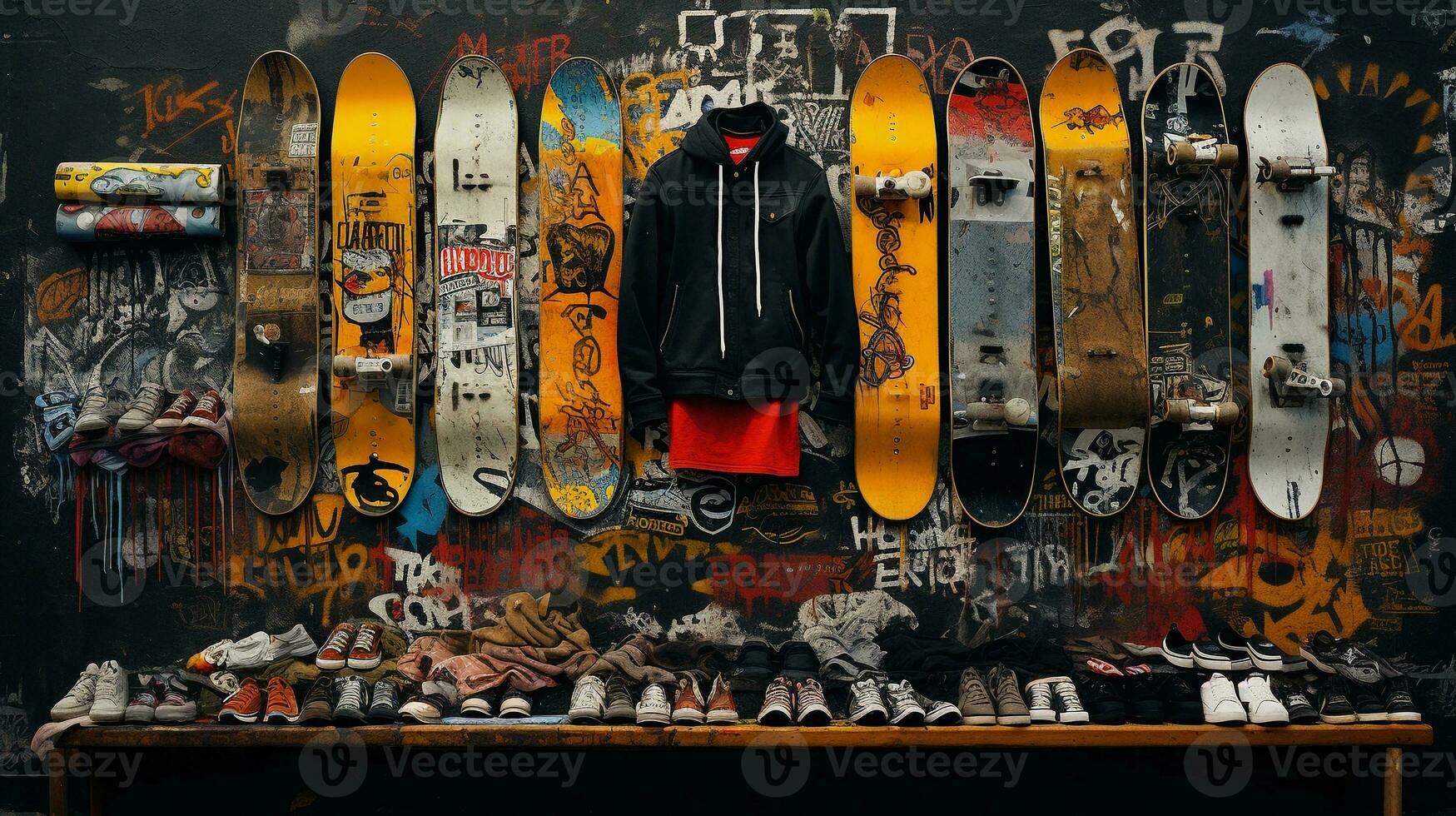 A visual composition featuring elements of grunge-style skateboarding culture, from skateboard decks to urban skate spots, set against a textured urban background. Background image, AI generated photo