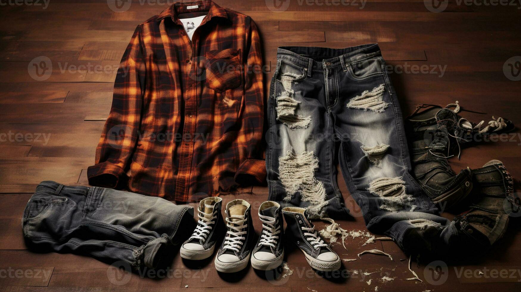 A visually appealing composition featuring grunge-inspired fashion items, such as ripped jeans, flannel shirts, and combat boots, set against a textured background, background image, AI generated photo