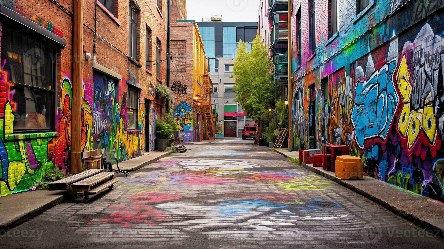 A visually appealing composition showcasing a colorful and textured alleyway adorned with graffiti, background image, AI generated photo