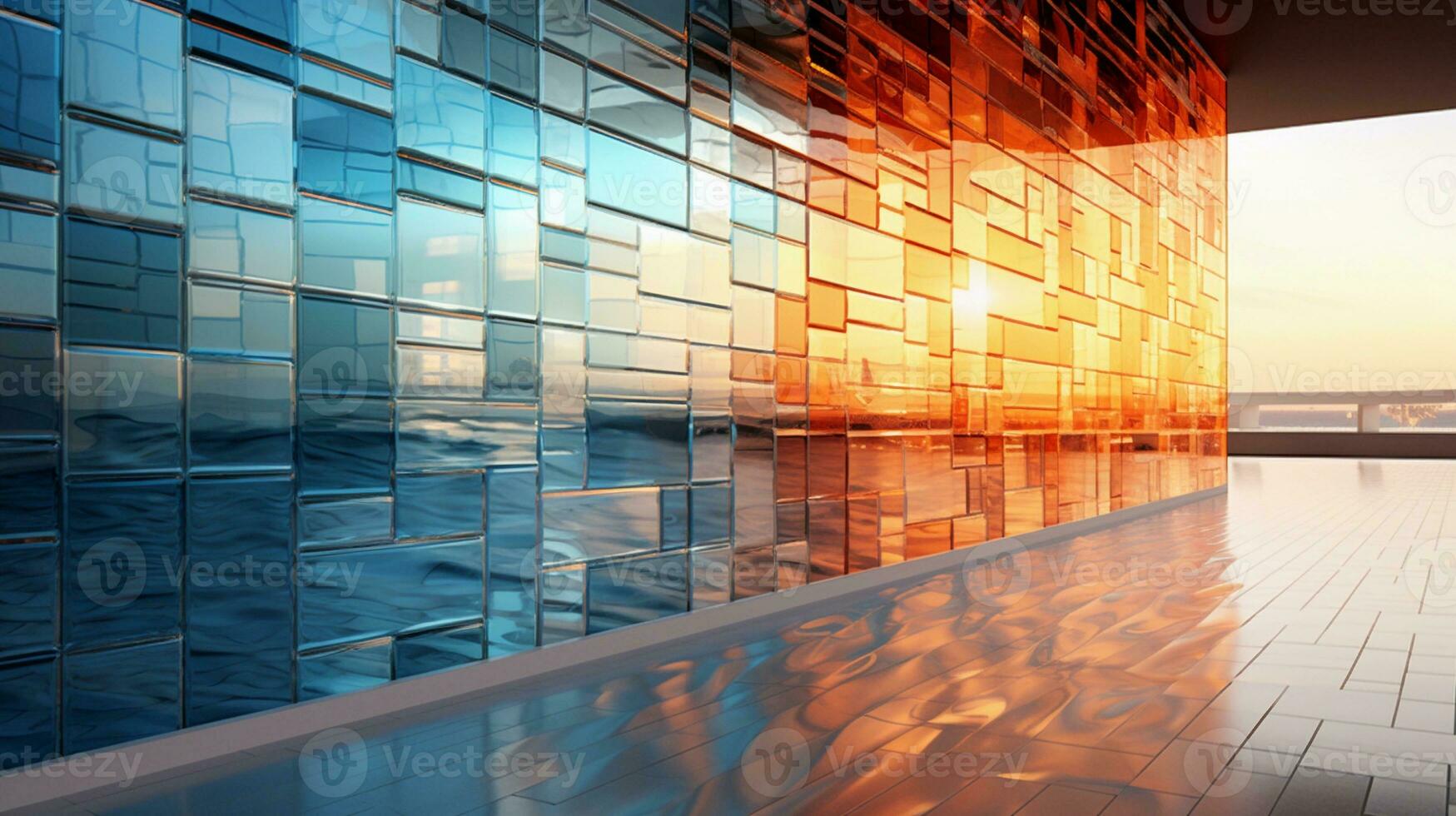 An artistic portrayal of a unique architectural structure adorned with textured glass tiles, providing space for text, background image, AI generated photo