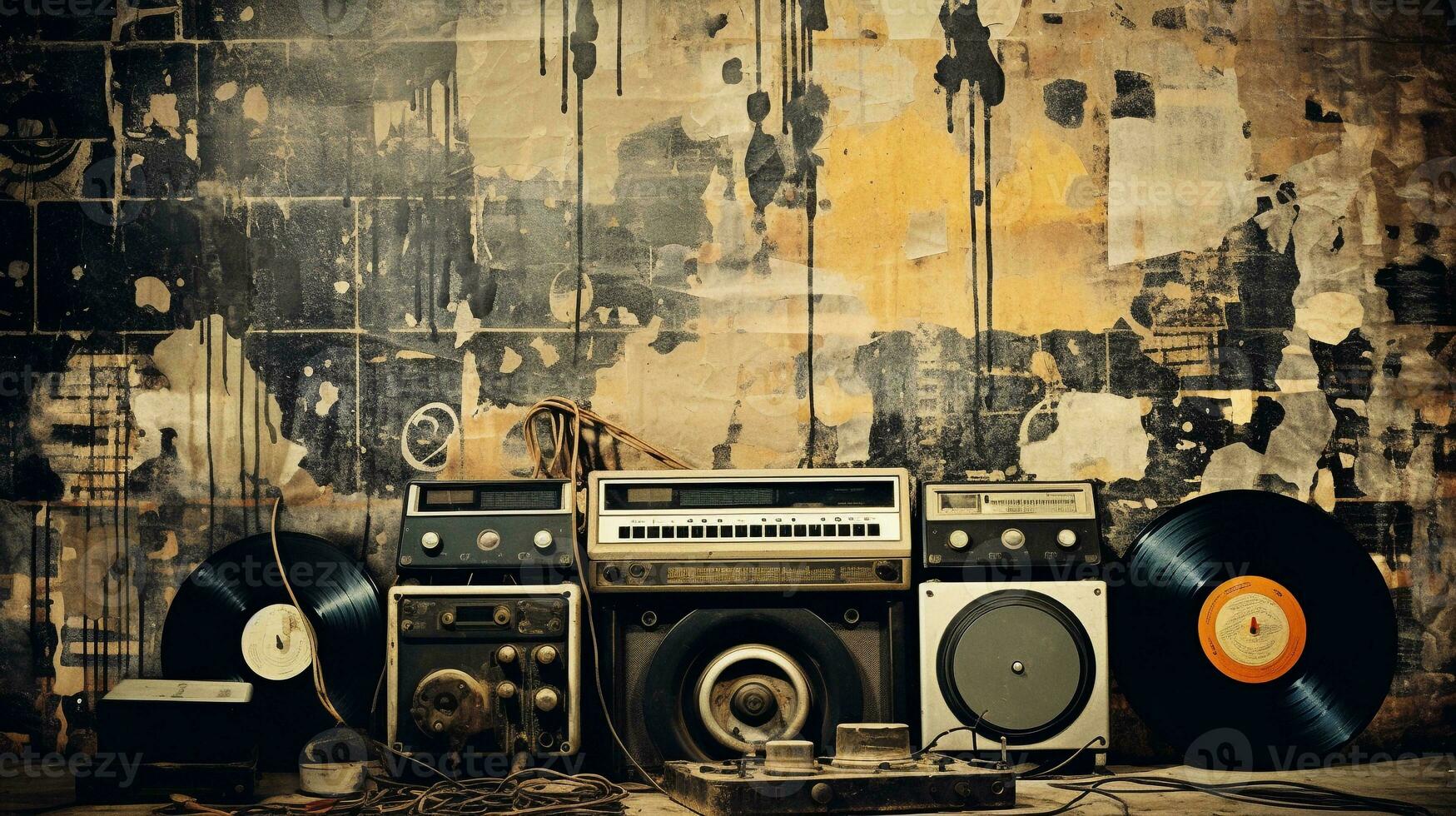 An image capturing the essence of grunge music with distressed textures, vintage equipment, or vinyl records, allowing space for text, background image, AI generated photo