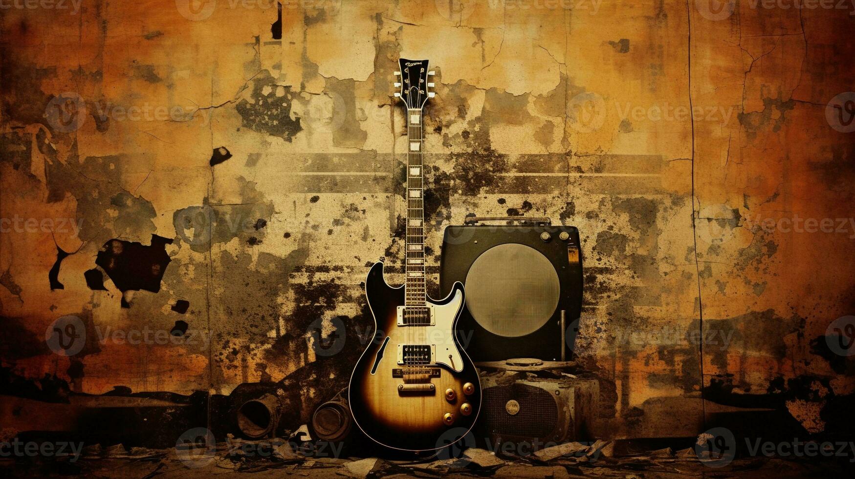 An image capturing the essence of grunge music with distressed textures, vintage equipment, or vinyl records, allowing space for text, background image, AI generated photo