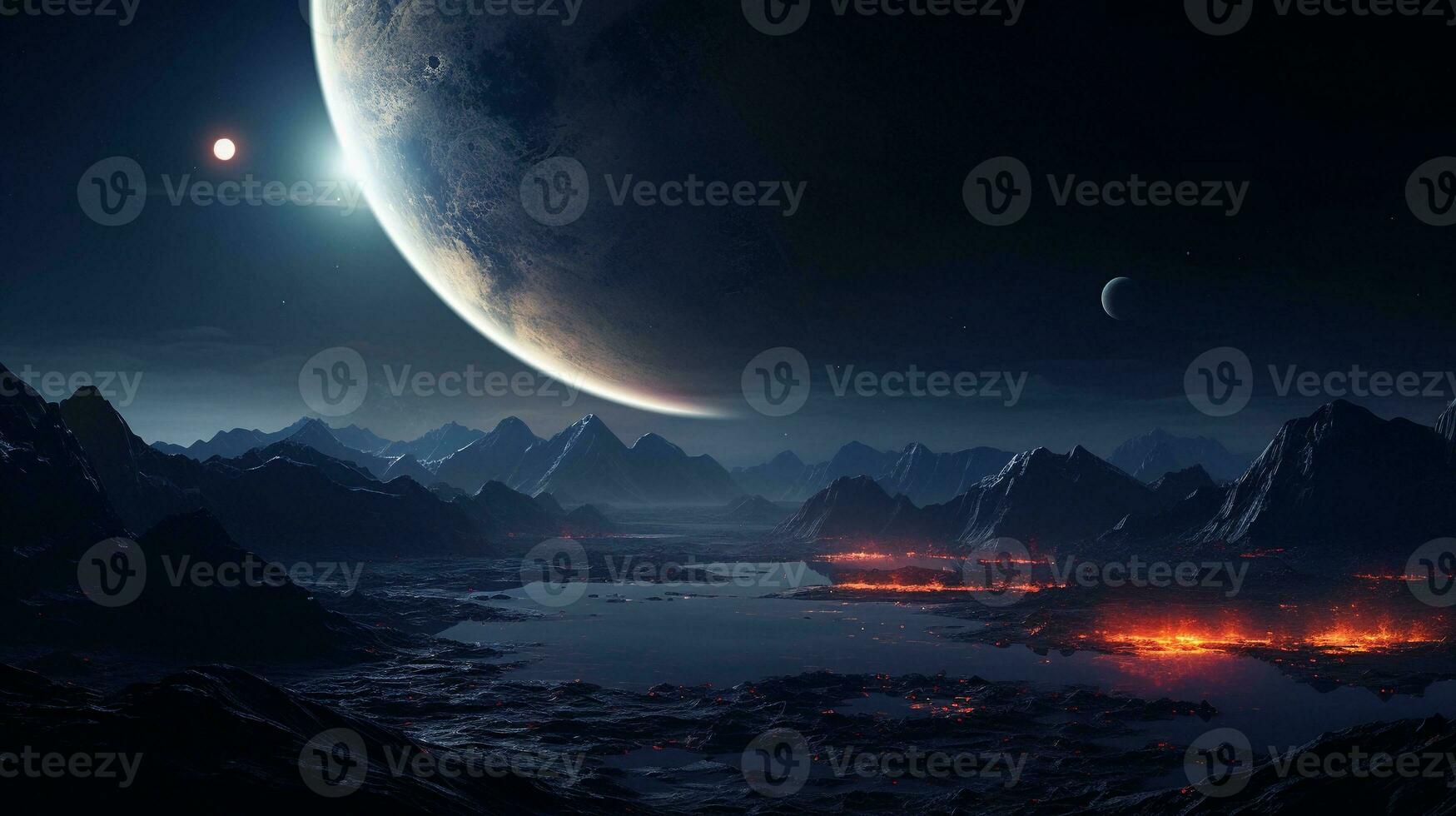 A scene illustrating the discovery and exploration of distant exoplanets within interstellar space, allowing space for text, background image, AI generated photo
