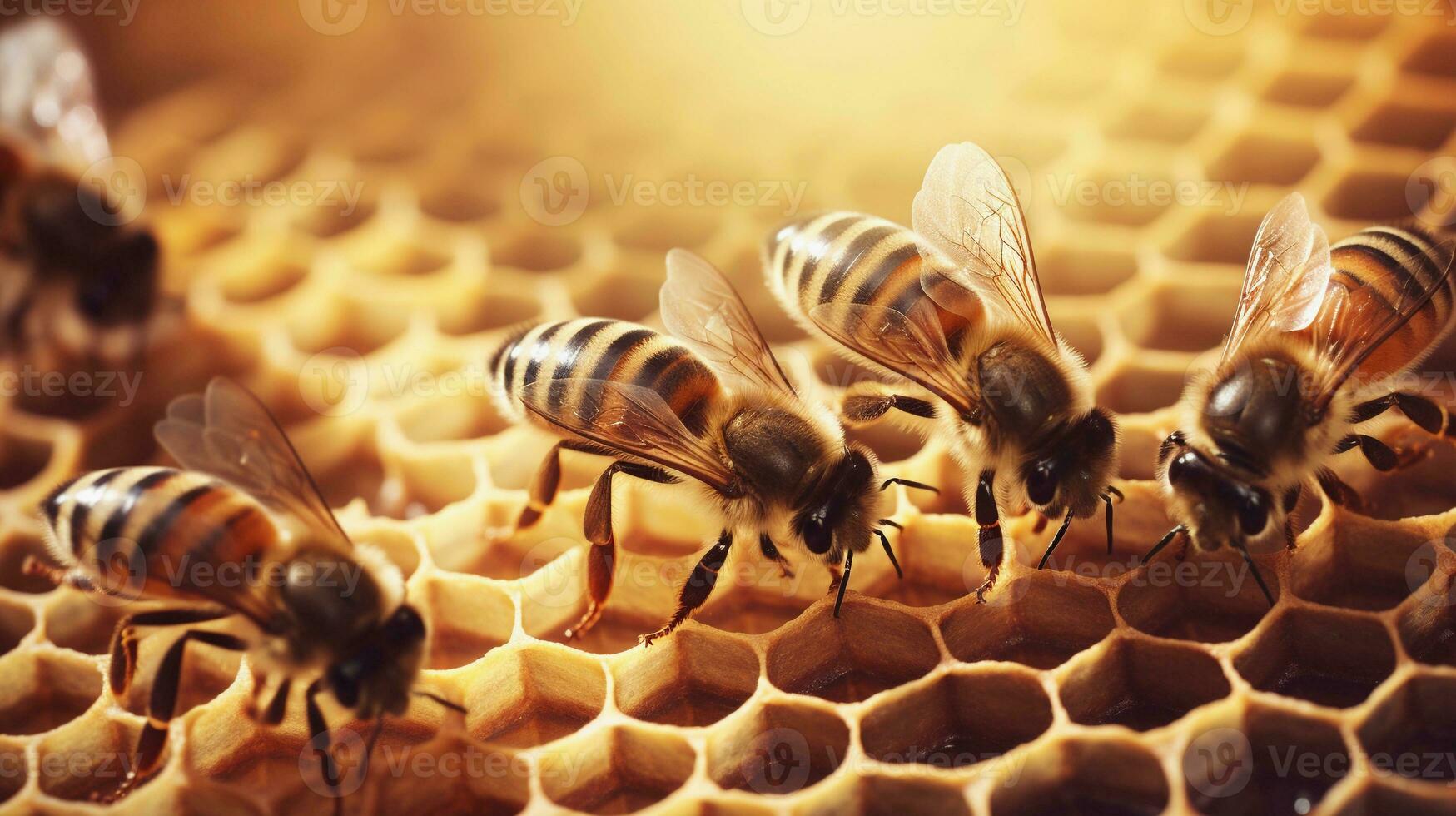 An image showcasing a hexagonal beehive with bees at work, set against a textured background. Allow space for text, background image, AI generated photo