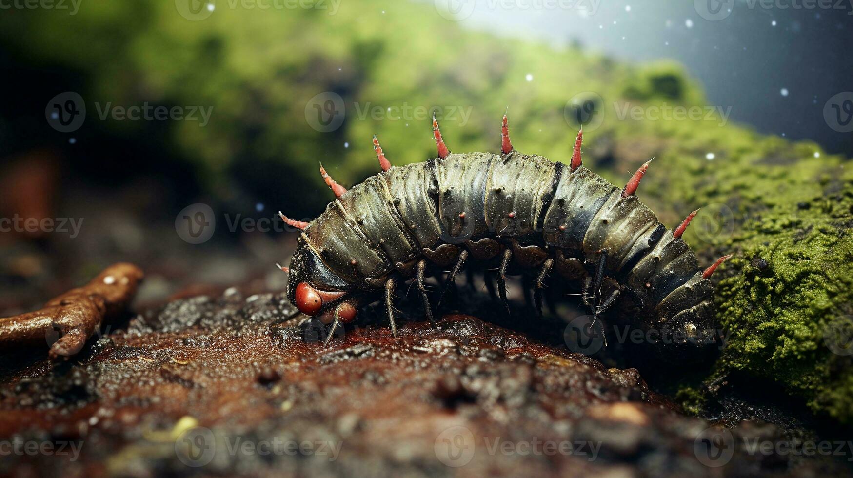 A visually appealing composition featuring a caterpillar amidst various textured surfaces in its environment, allowing space for text, background image, AI generated photo