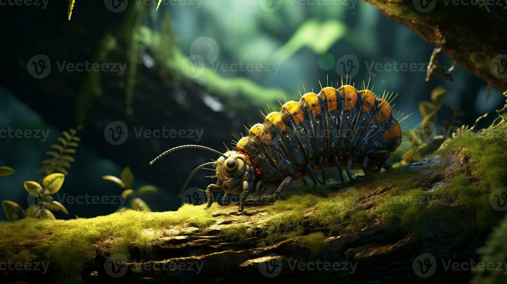 A visually appealing composition featuring a caterpillar exploring a variety of textured surfaces in its environment, allowing space for text, background image, AI generated photo