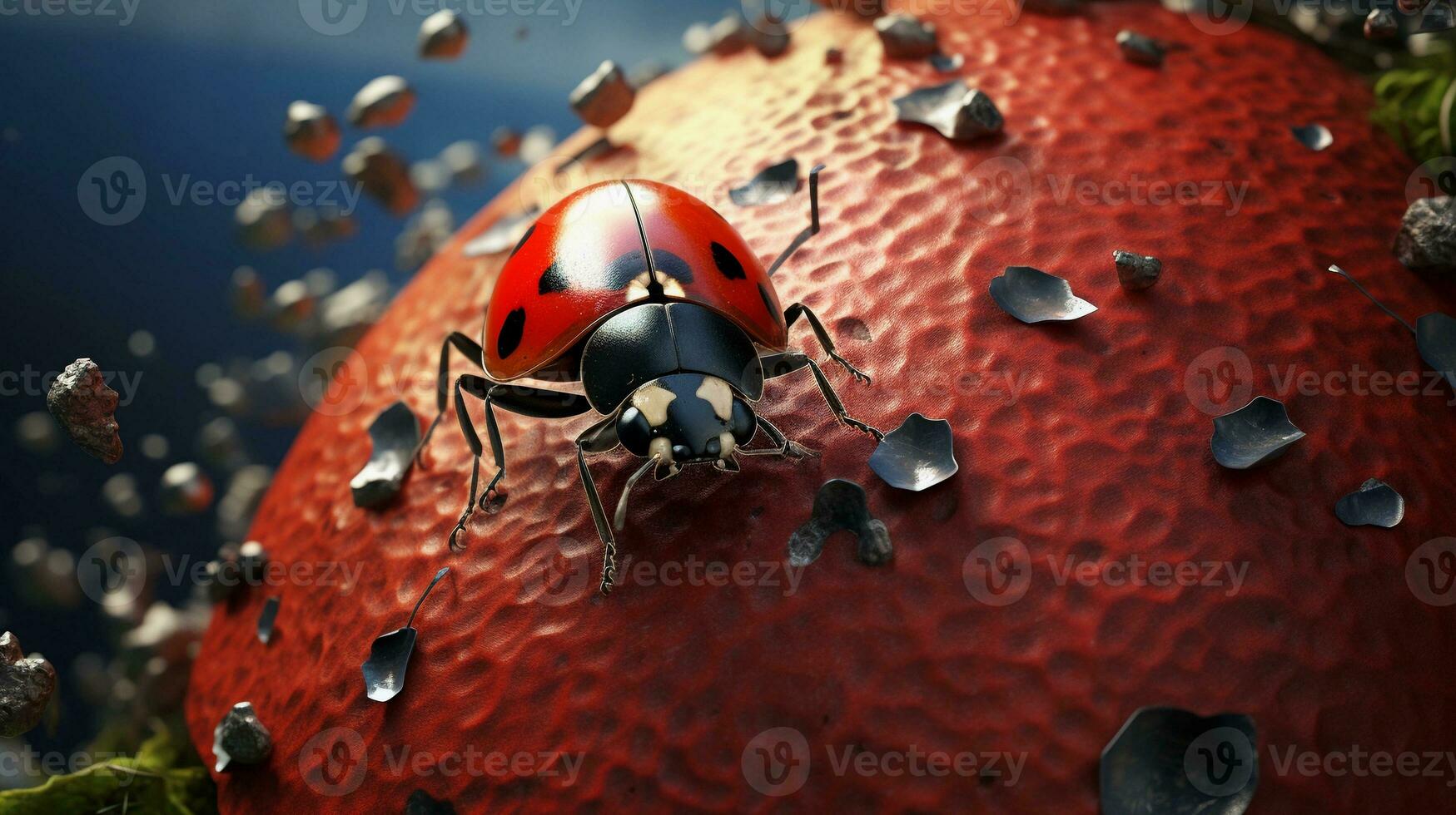 A visually appealing composition featuring a ladybug navigating various textured surfaces, allowing space for text, background image, AI generated photo