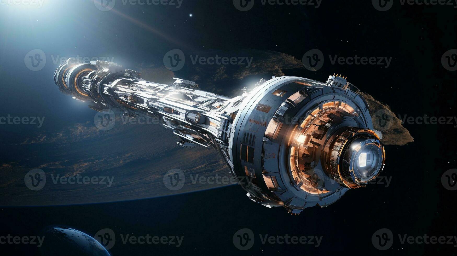 A visually appealing composition illustrating a futuristic spacecraft navigating through the vastness of interstellar space, background image, AI generated photo