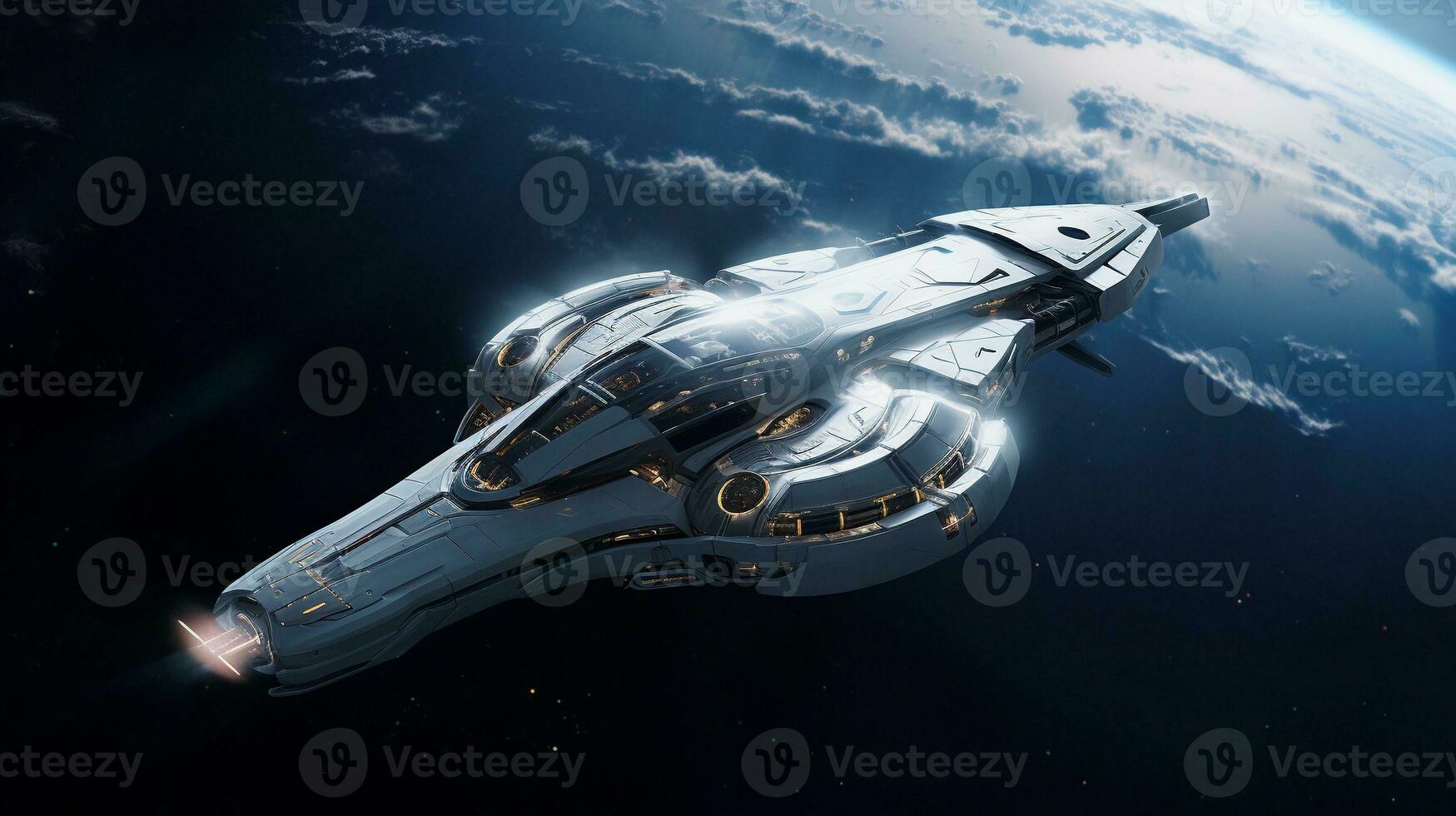 A visually appealing composition illustrating a futuristic spacecraft navigating through the vastness of interstellar space, background image, AI generated photo