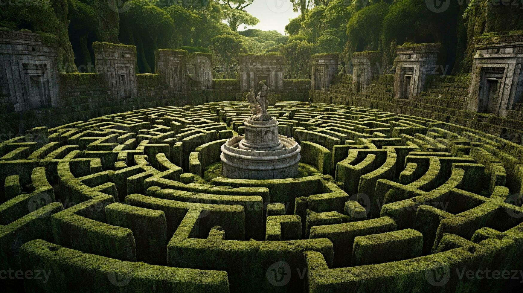 An image capturing a historical hedge maze with textured, towering hedges and stone pathways, providing space for text, background image, AI generated photo