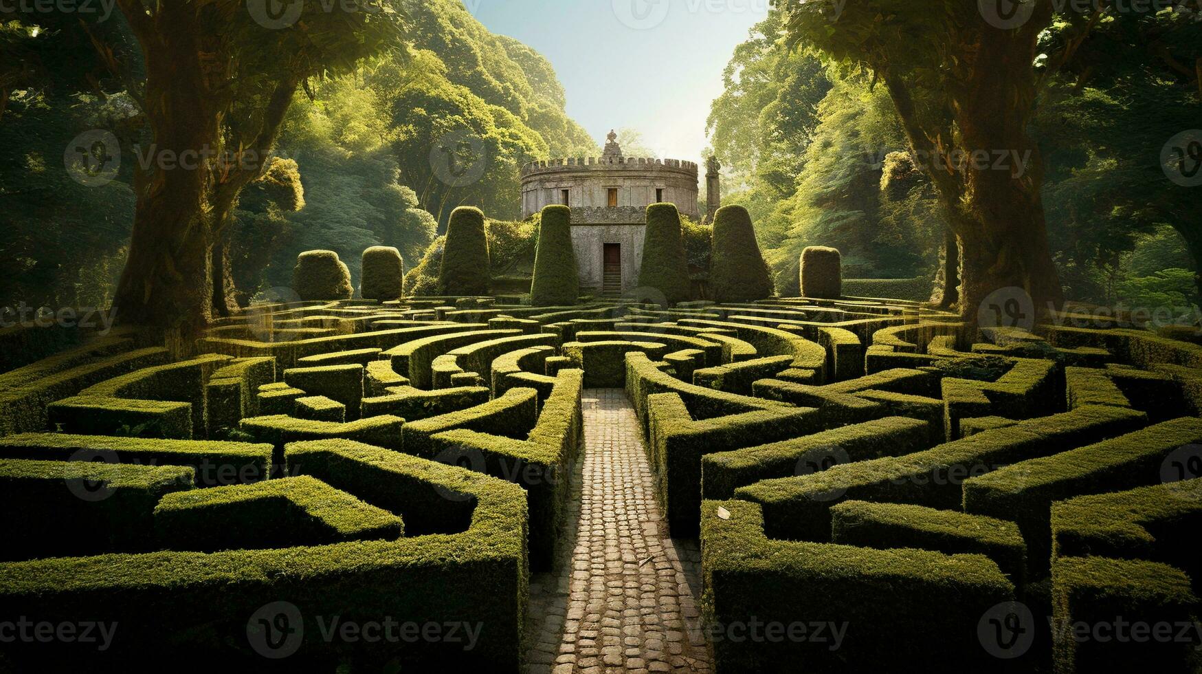 An image capturing a historical hedge maze with textured, towering hedges and stone pathways, providing space for text, background image, AI generated photo