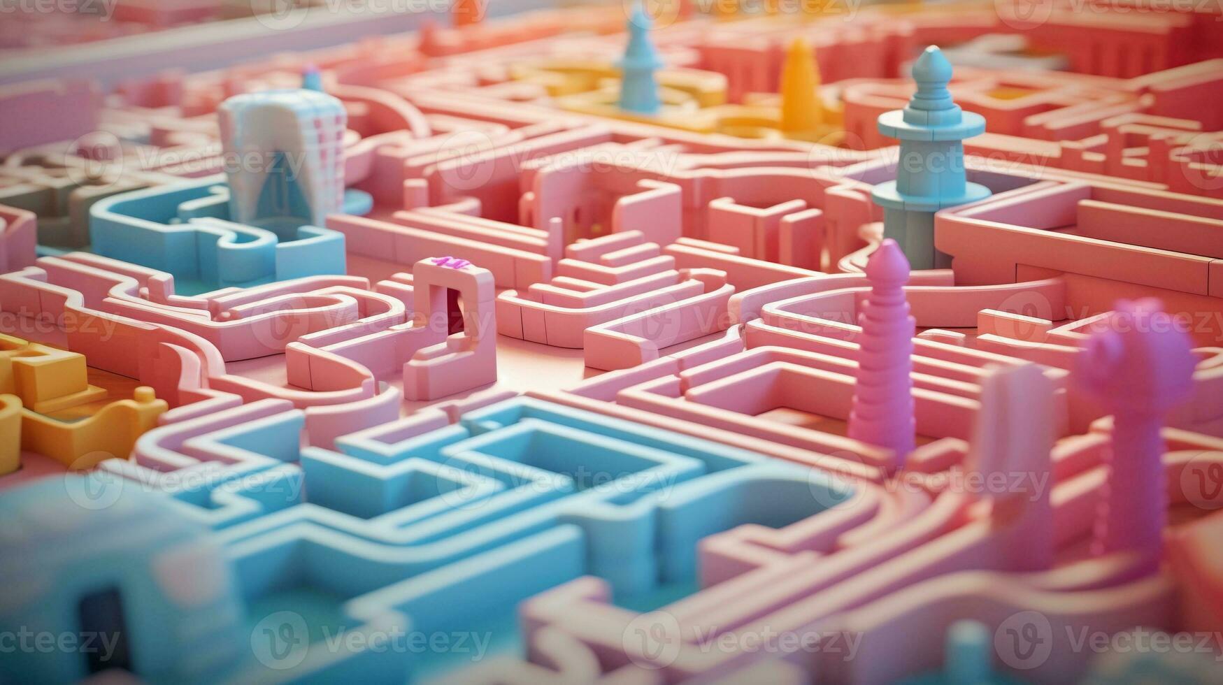 An image capturing a whimsical and pastel-colored maze adventure suitable for children's entertainment, with designated areas for text, background image, AI generated photo