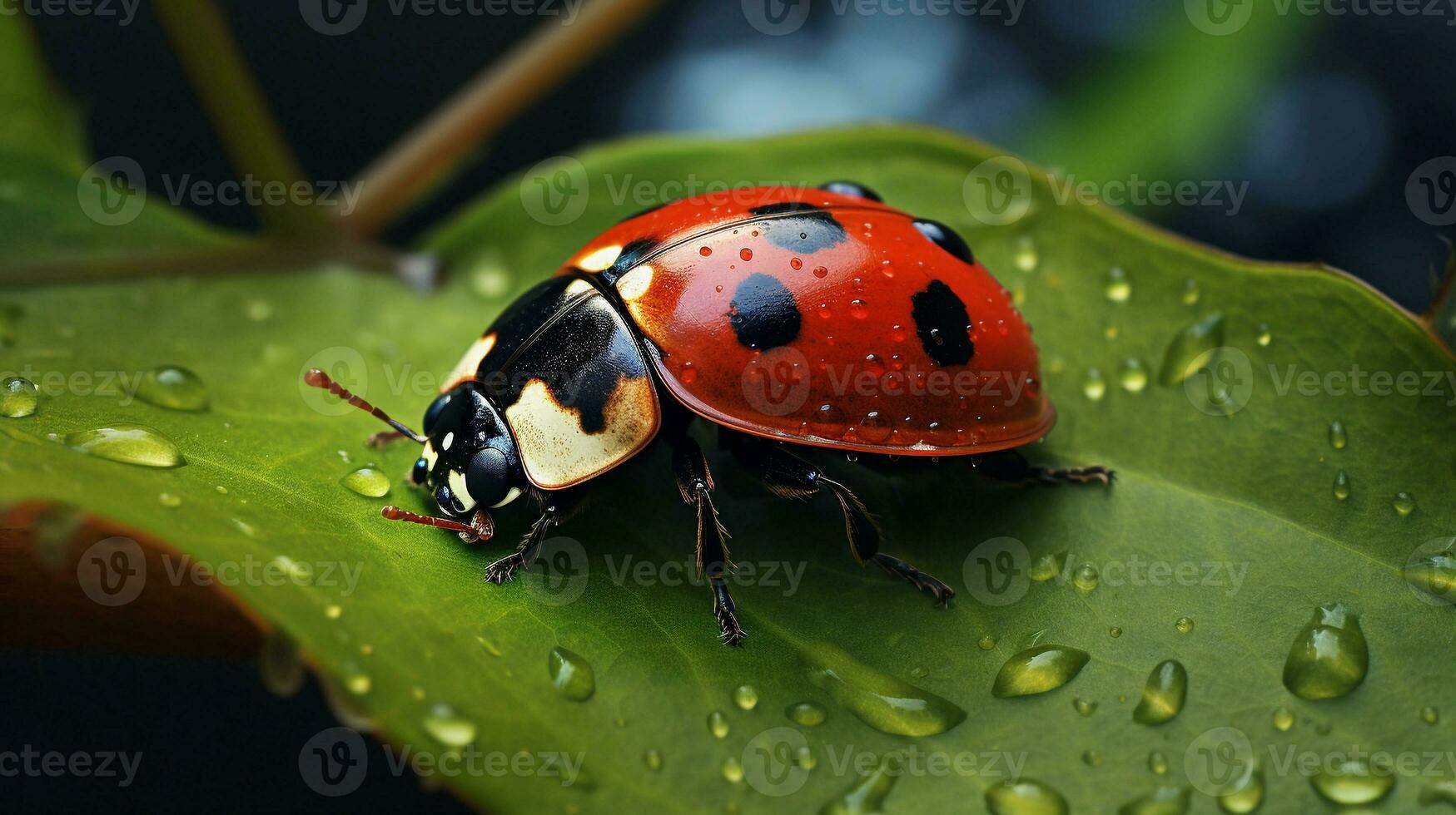 un imagen capturar el intrincado detalles de un mariquita encaramado en un texturizado hoja, atractivo texto a explorar el fascinante mundo de mariquitas, antecedentes imagen, ai generado foto