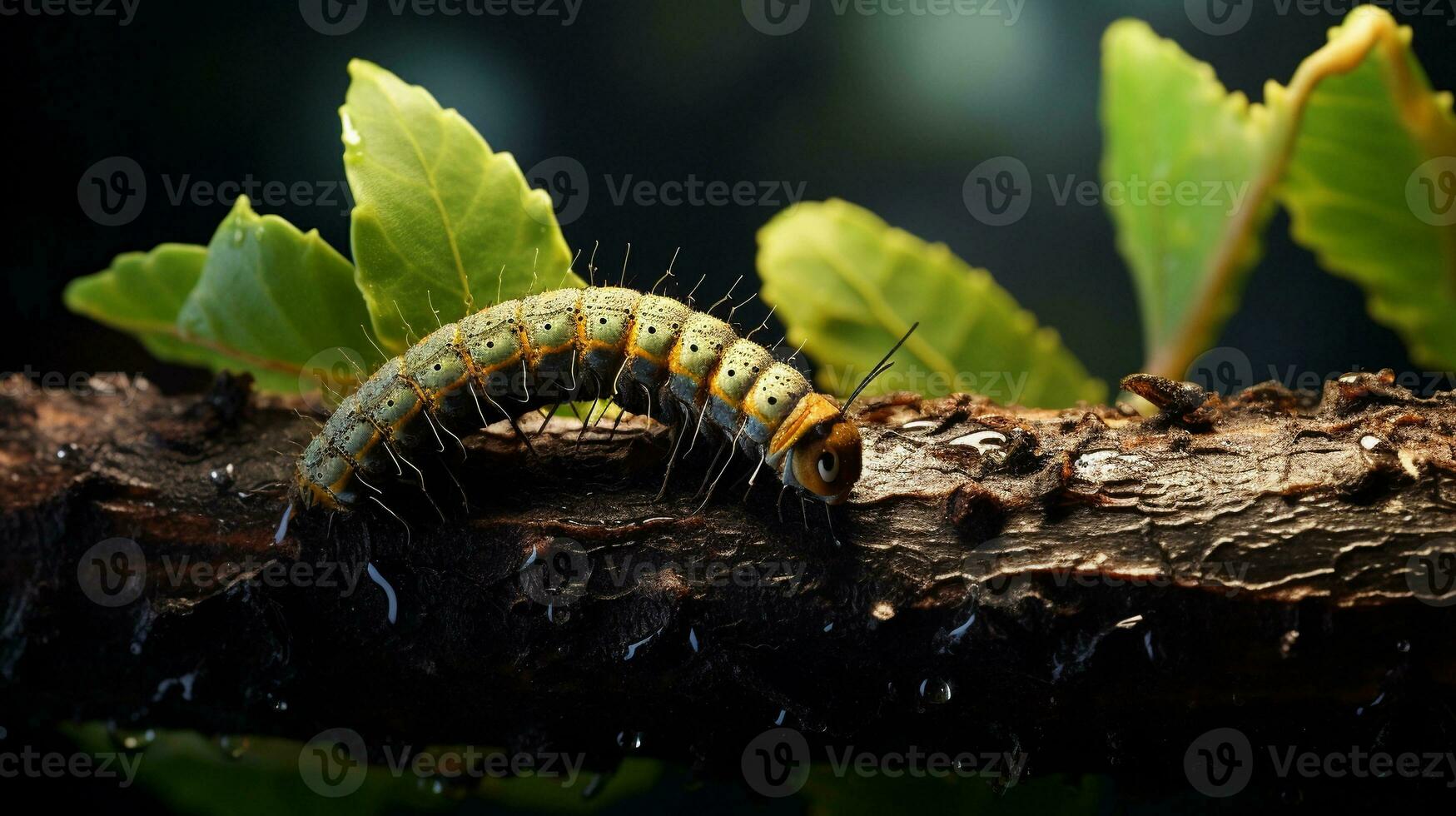 An image showcasing a caterpillar moving across a textured leaf or branch, inviting text to explore the fascinating life cycle of caterpillars, background image, AI generated photo