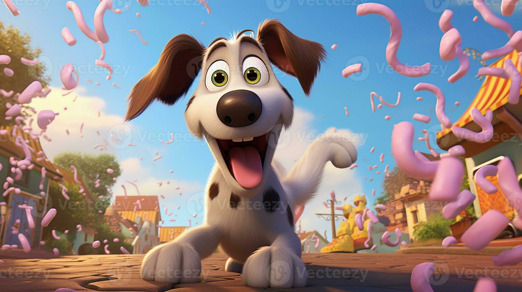 A comically exaggerated scene with a cartoon-style dog causing delightful chaos in a pastel environment. AI generated photo