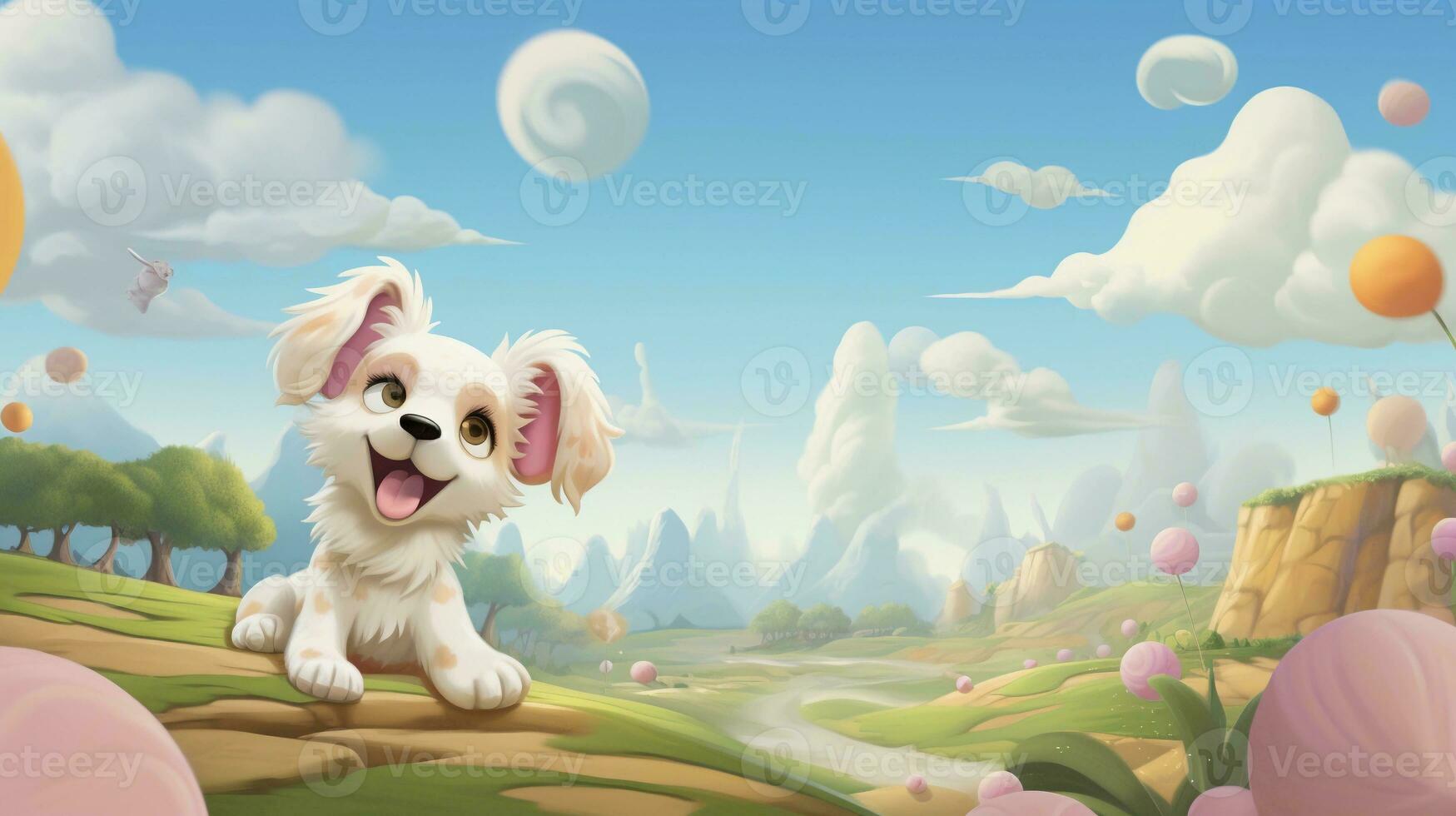 A whimsical composition illustrating a cartoon-style dog lost in daydreams amidst a serene pastel landscape. AI generated photo