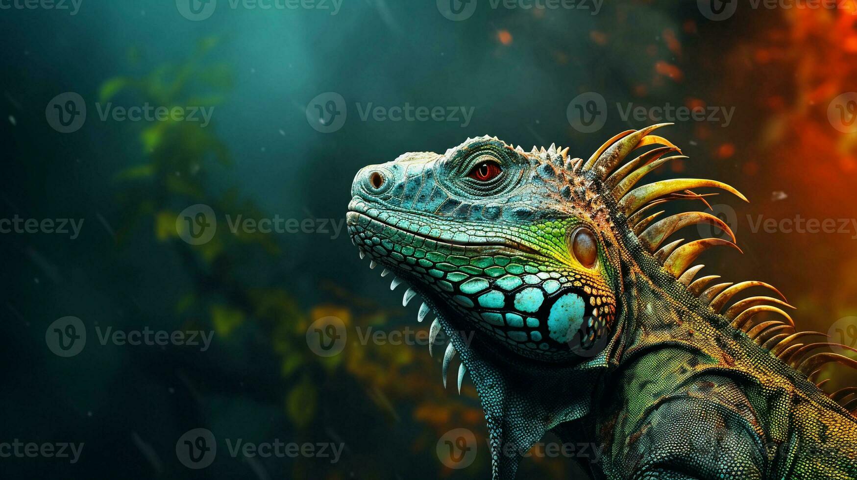 Close-up of an amazing male iguana with textured background and space for text, background image, AI generated photo