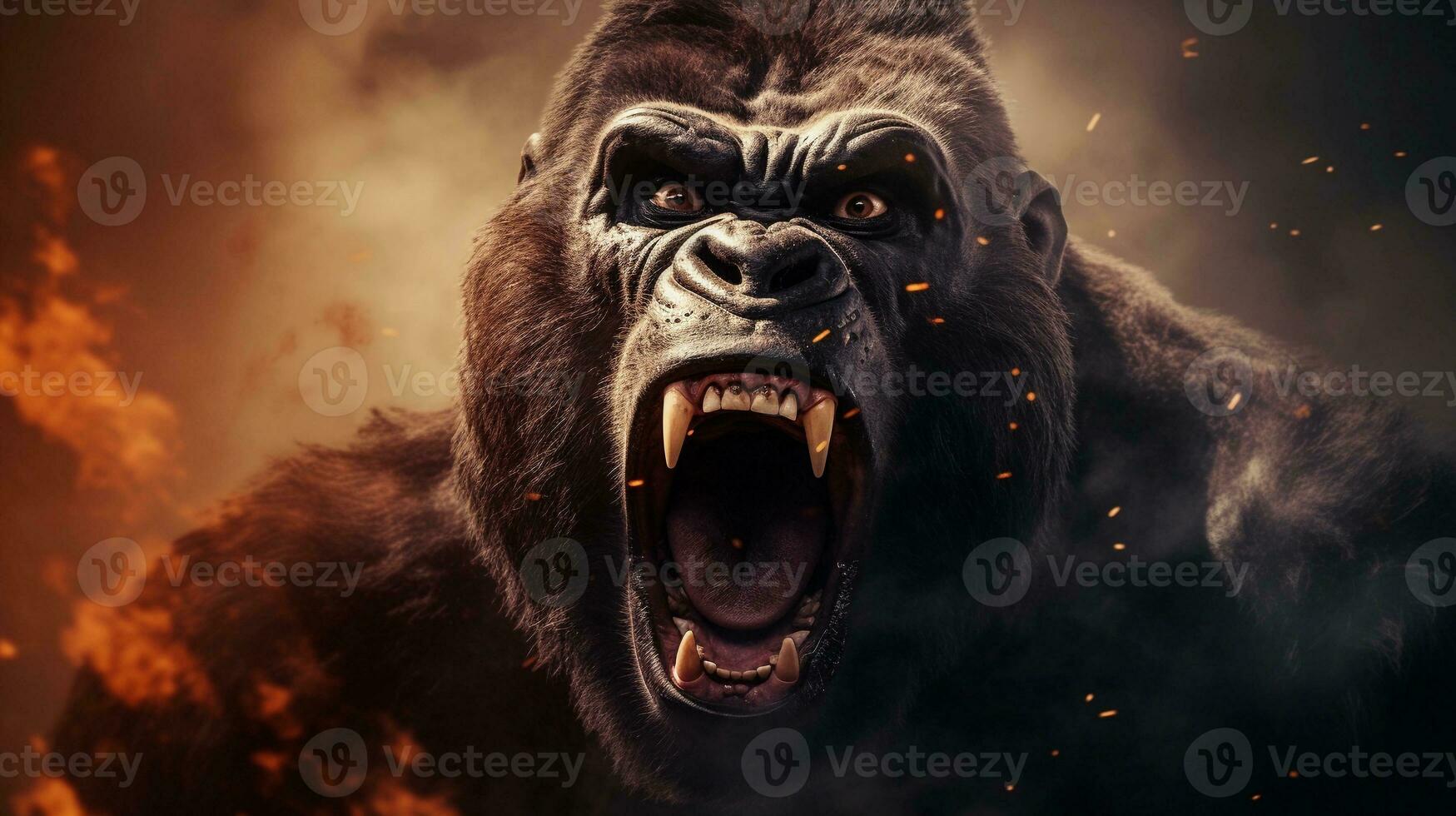 Close-up of roaring angry male gorilla with textured background and space for text, background image, AI generated photo