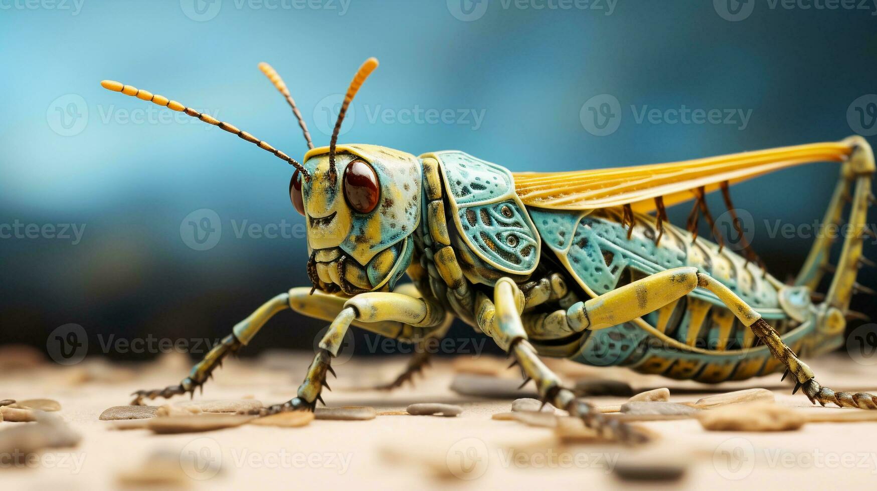 A close-up of a grasshopper with intricate textures on its body, with space for text. background image, AI generated photo
