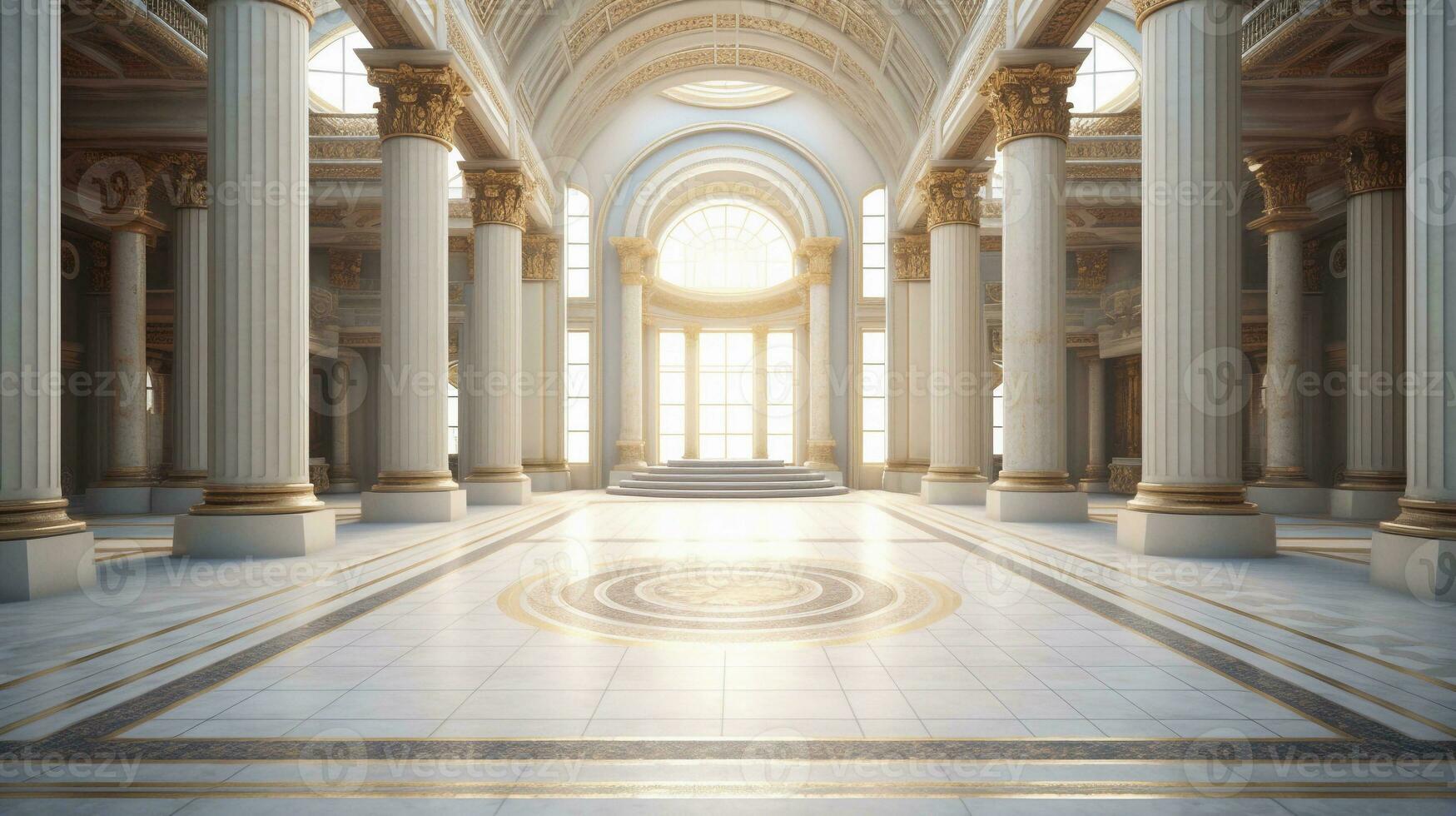 A grand marble hall with ornate columns and a textured mosaic floor, with space for text. background image, AI generated photo