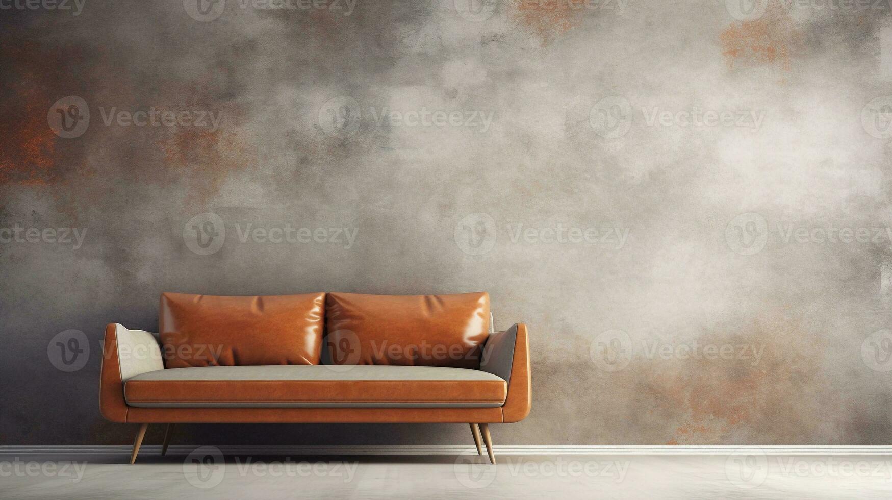 Image of a beautiful modern sofa with space for text and textured wall background, background image, AI generated photo