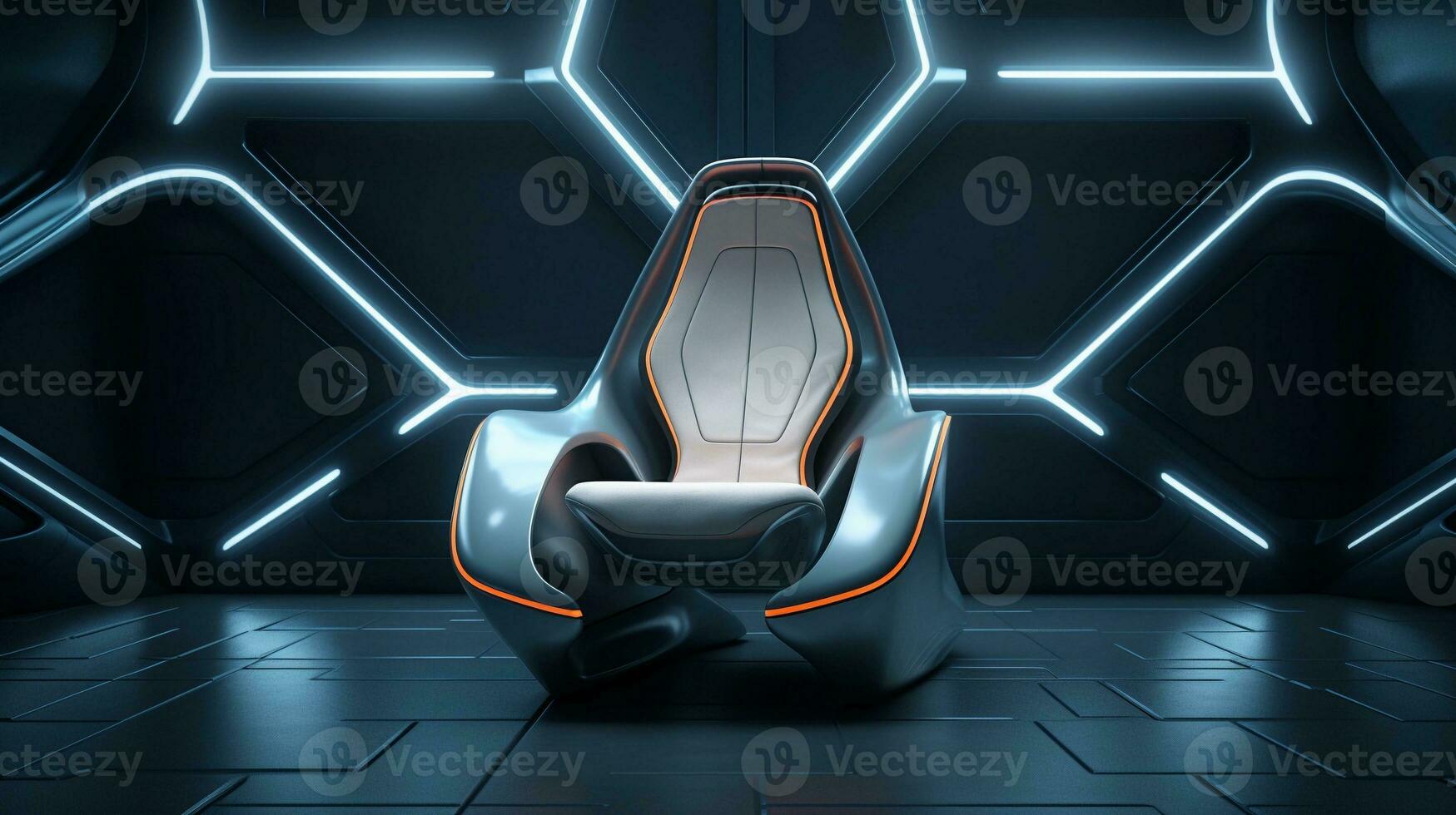 Image of a modern futuristic high tech Chair with space for text and clean textured high tech wall background, background image, AI generated photo