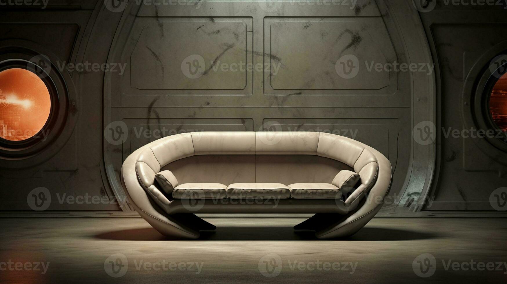 Image of a modern futuristic sofa with space for text and textured wall background, background image, AI generated photo
