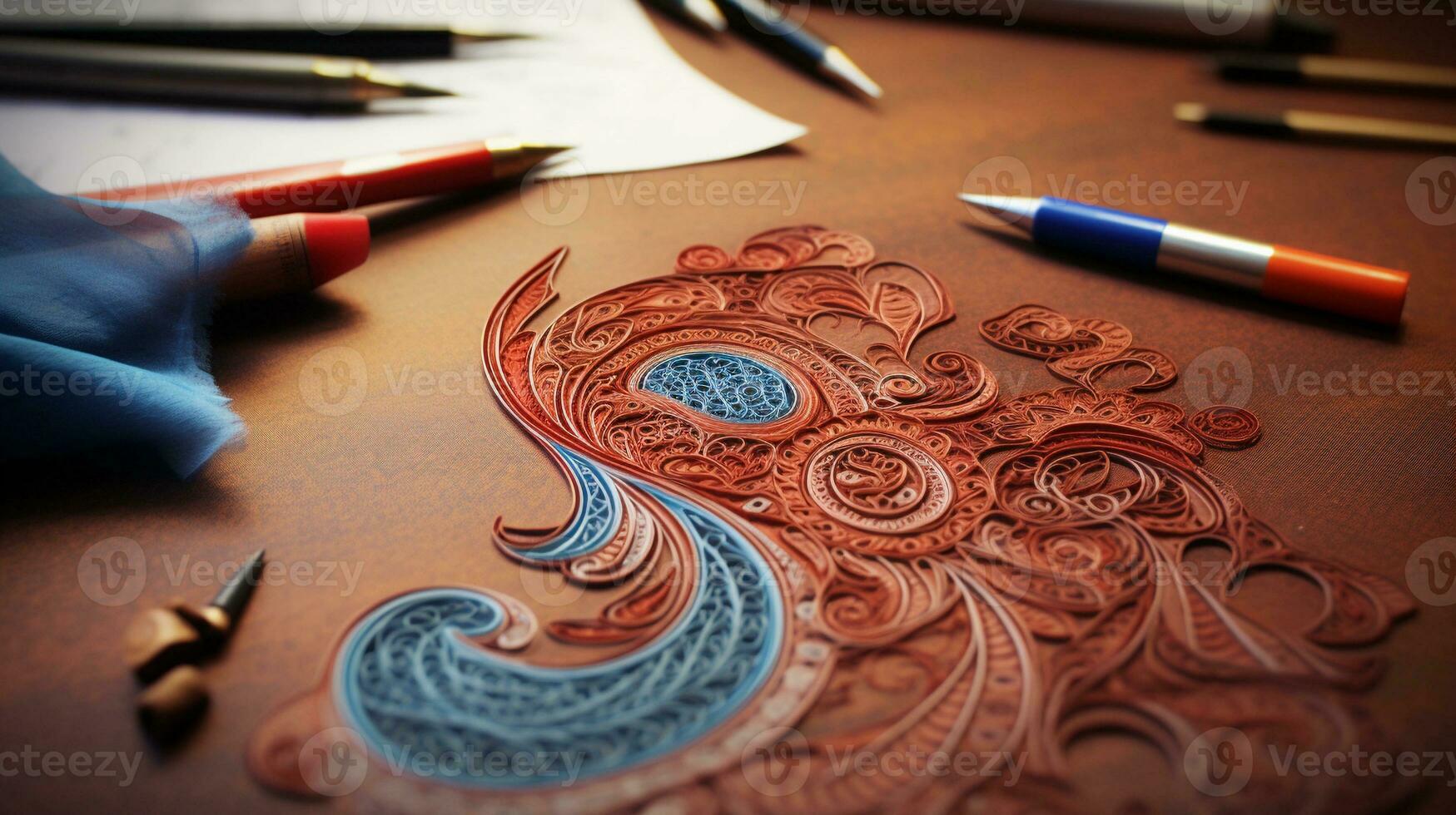 A scene illustrating the creation process of a paisley pattern with space for text, from sketch to finished design, against a textured backdrop, background image, AI generated photo