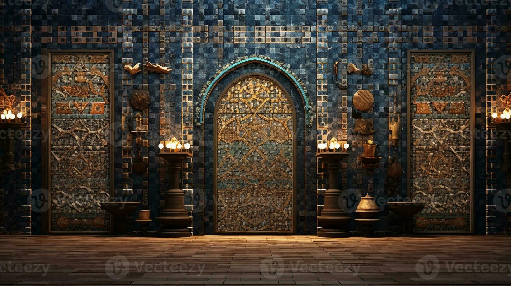 A scene illustrating a mosaic-decorated wall with a textured background with space for text, background image, AI generated photo