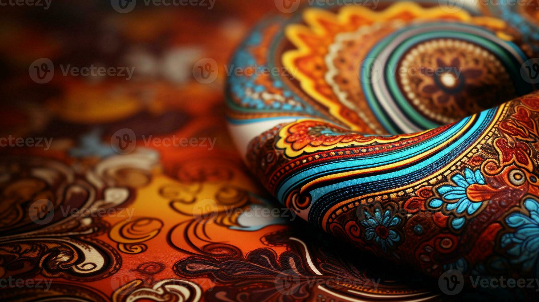 An artistic portrayal of a vibrant paisley fabric draped against a textured background with space for text, background image, AI generated photo