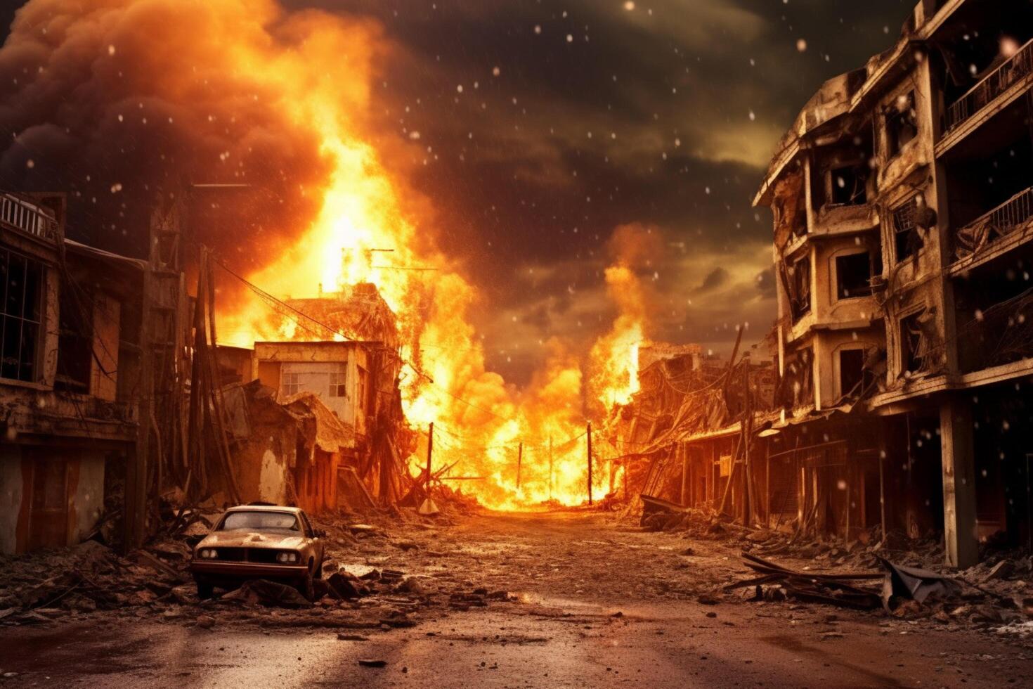 city burn explosion town photo