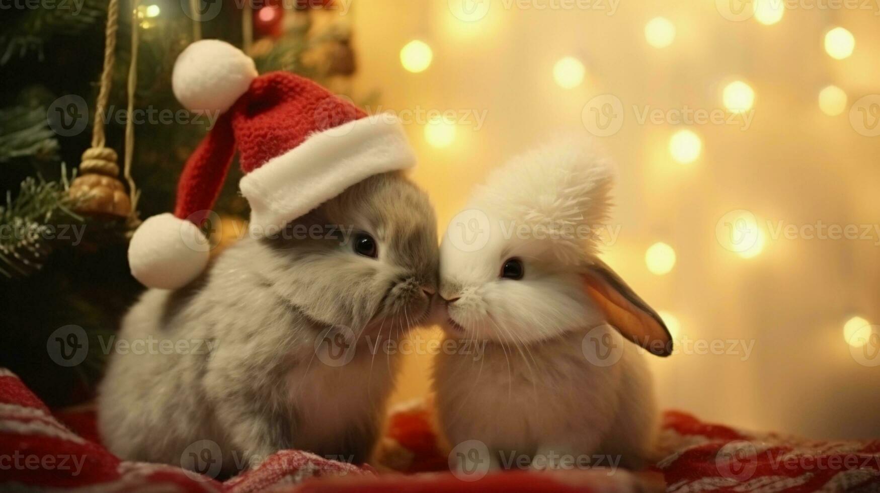 Two Christmas bunnies wearing Santa hats and nuzzling each other in front of a decorated Christmas tree with room for text, background image, generative AI photo