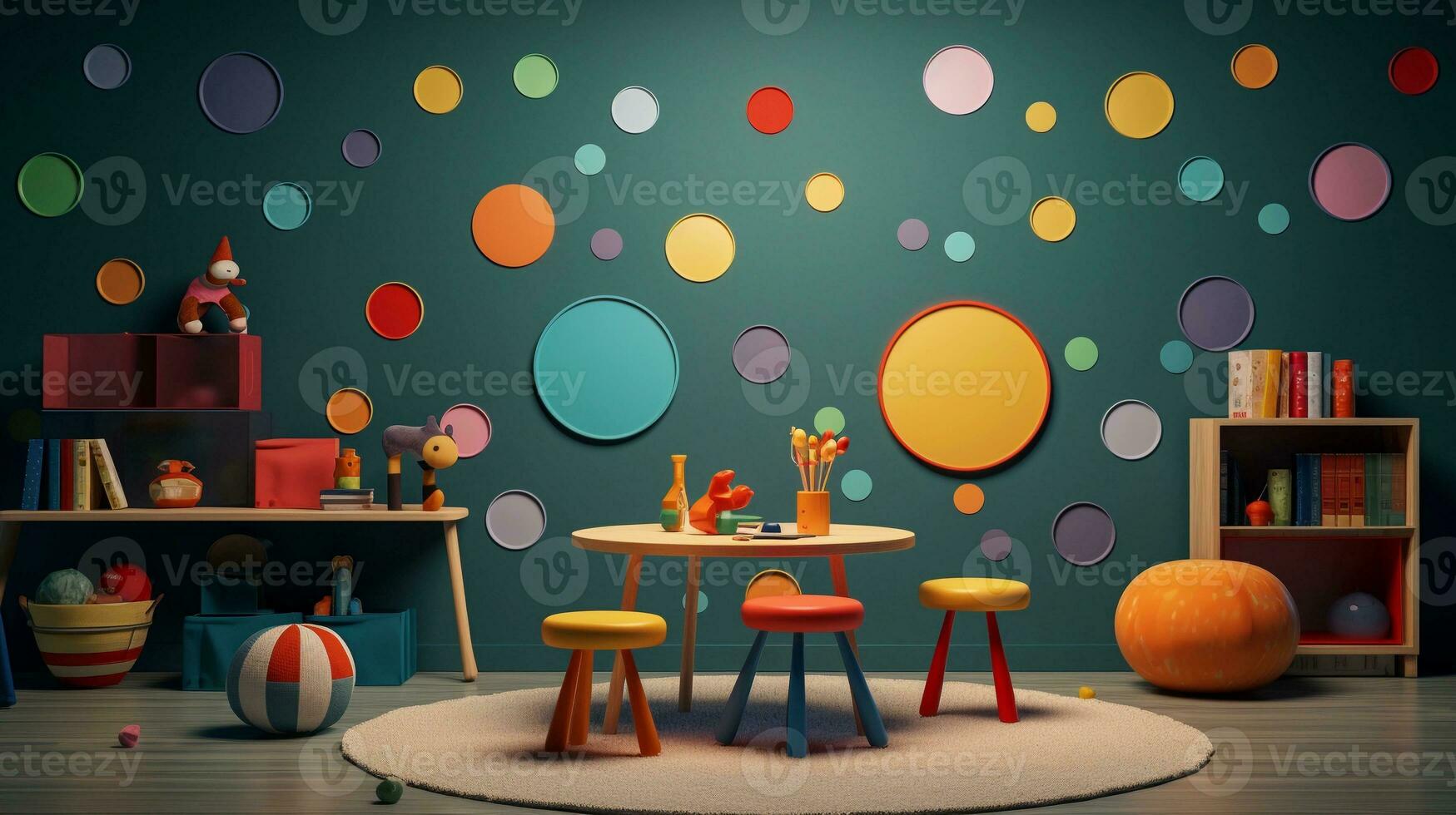 A scene illustrating polka dots as part of a playful children's environment, such as a nursery or classroom, providing space for text, background image, generative AI photo